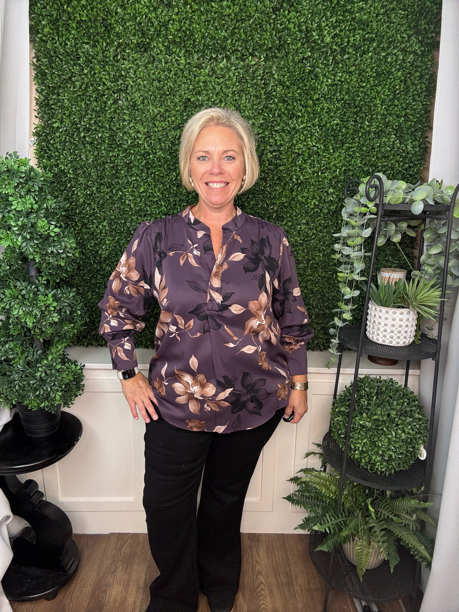 LONG SLEEVE SPLIT-NECK WOVEN FLORAL PRINT TOP - DUSTY PURPLE