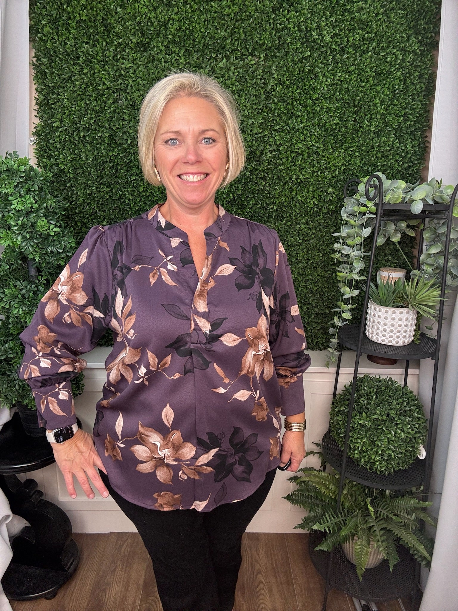 LONG SLEEVE SPLIT-NECK WOVEN FLORAL PRINT TOP - DUSTY PURPLE