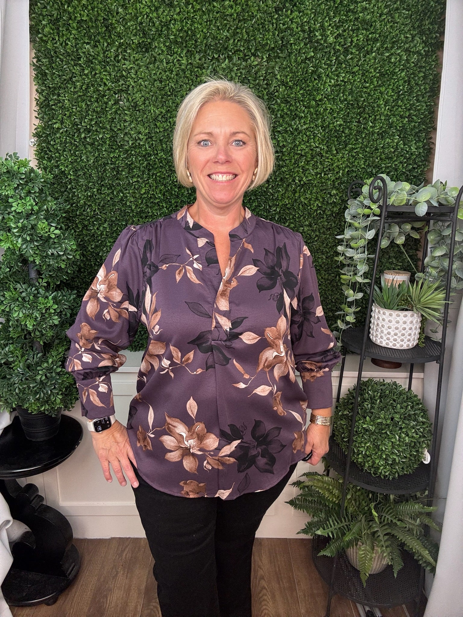 LONG SLEEVE SPLIT-NECK WOVEN FLORAL PRINT TOP - DUSTY PURPLE
