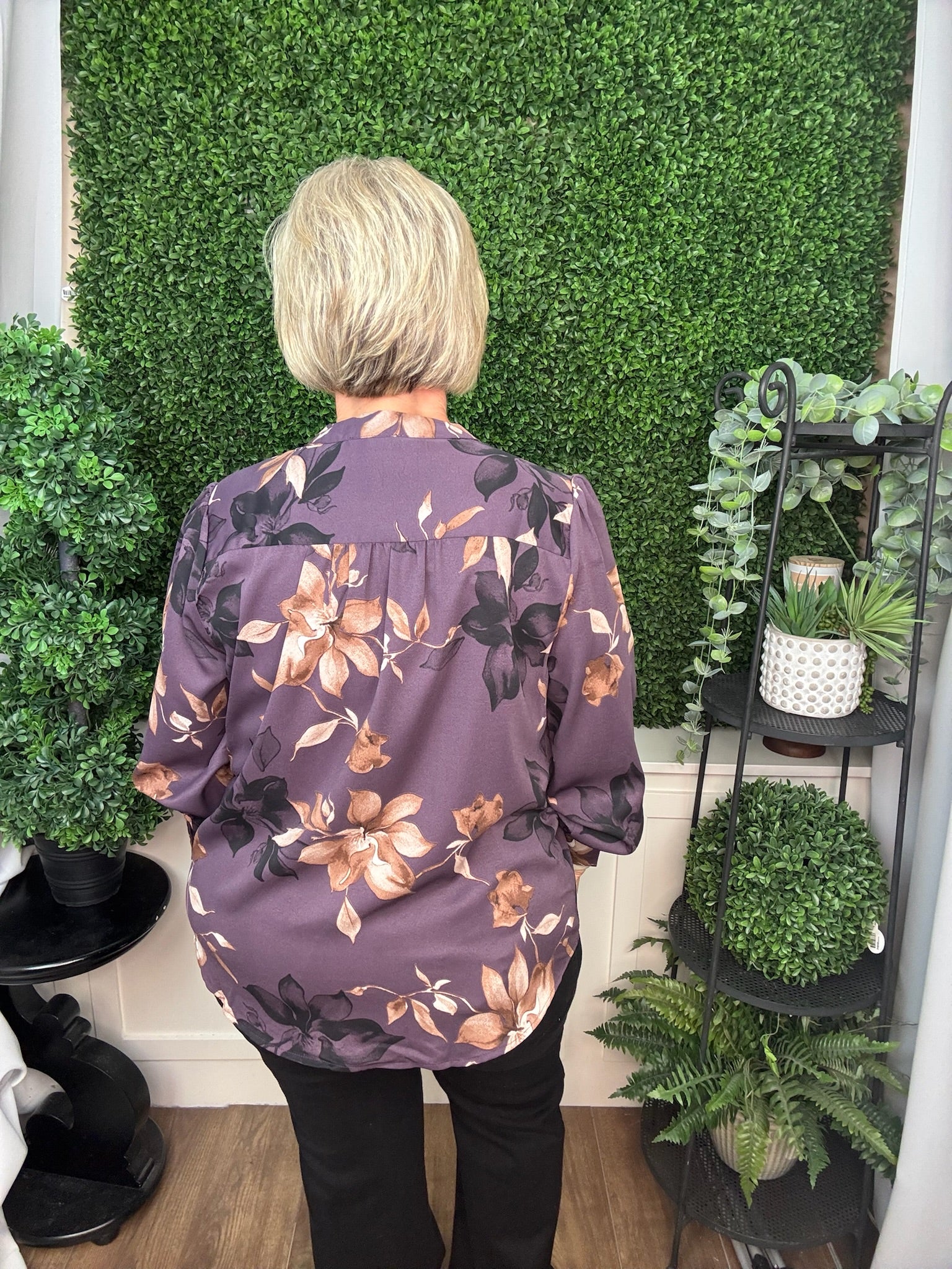 LONG SLEEVE SPLIT-NECK WOVEN FLORAL PRINT TOP - DUSTY PURPLE