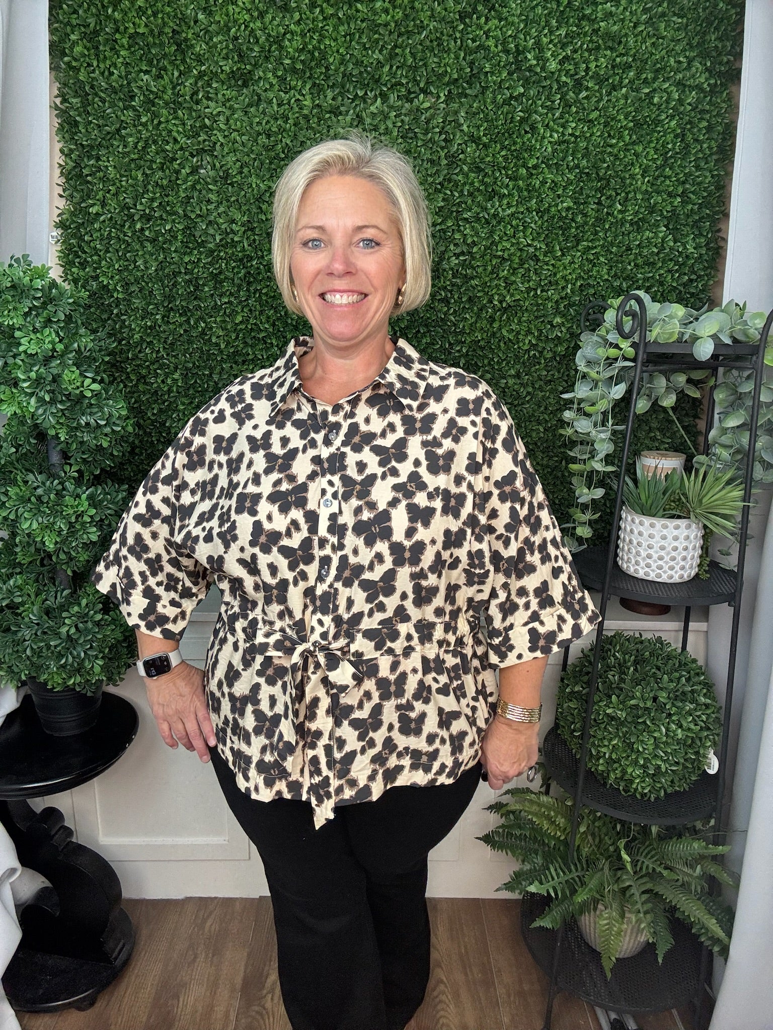 ANIMAL PRINT TIE WAIST TOP - ECRU