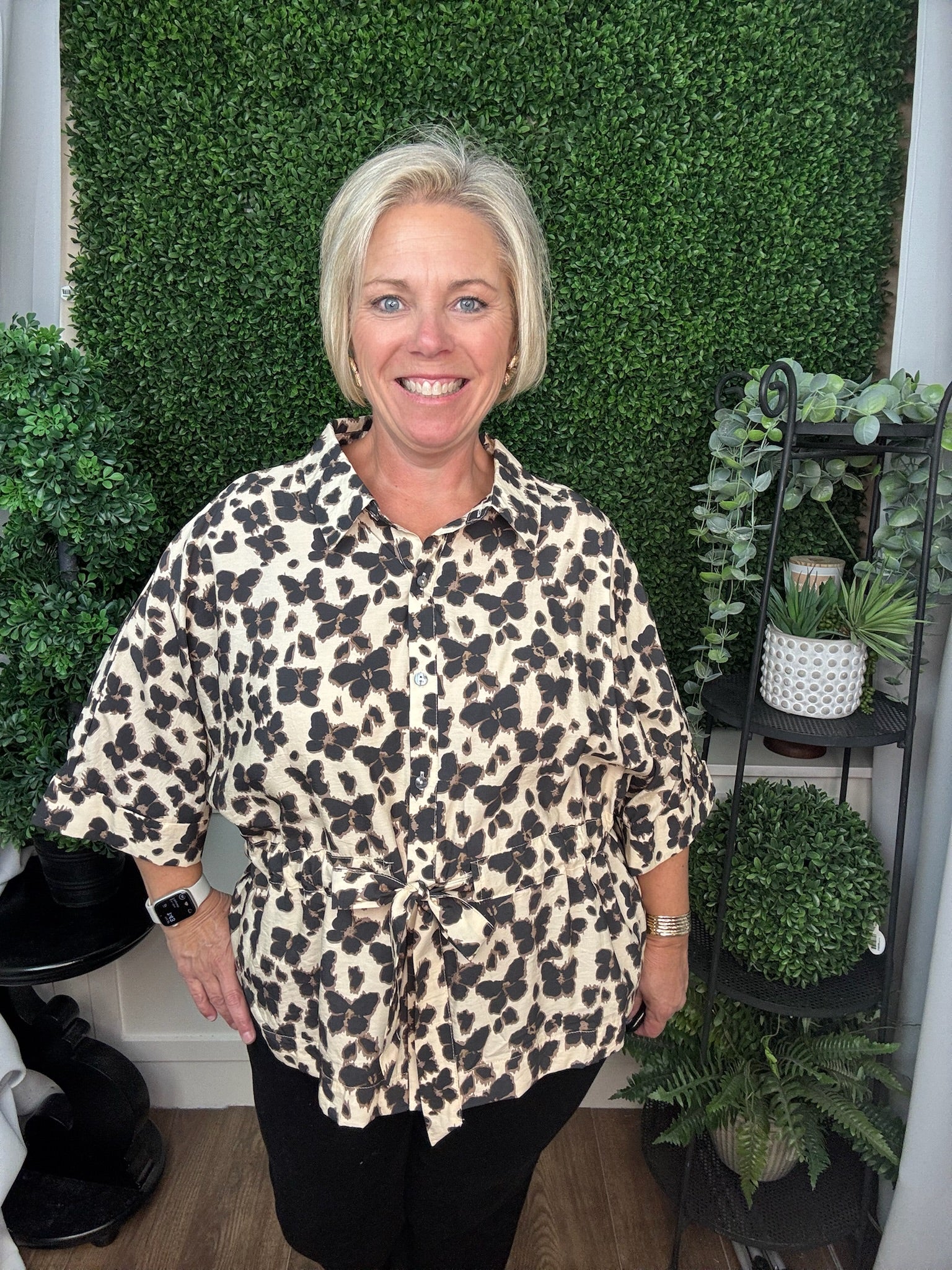 ANIMAL PRINT TIE WAIST TOP - ECRU