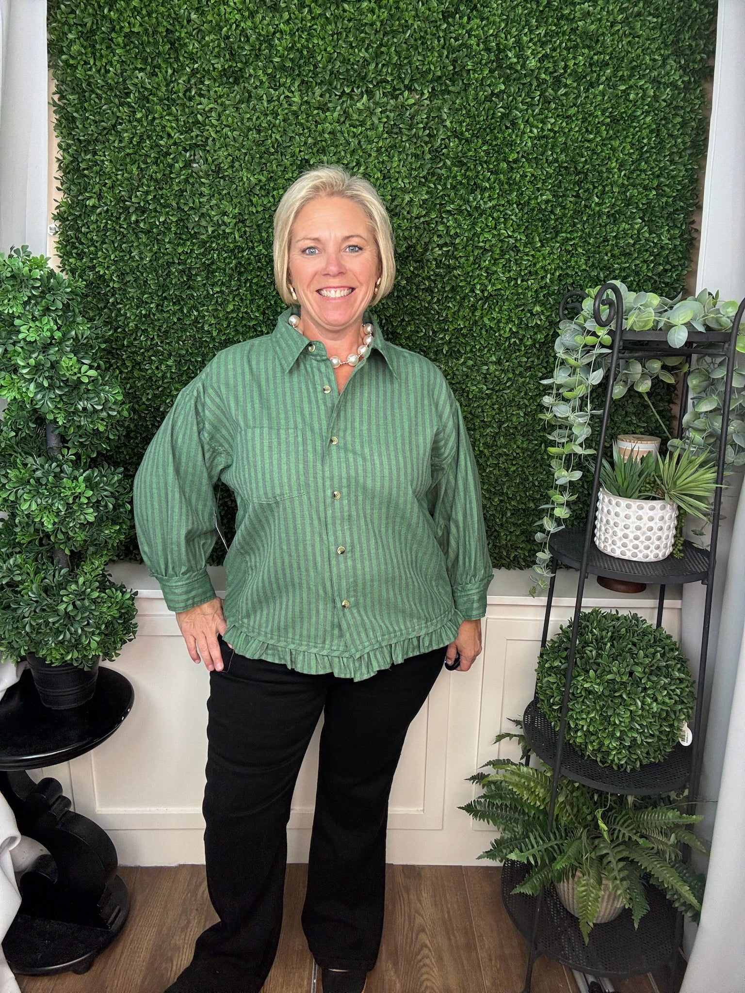 WOVEN BUTTON FRONT TOP WITH 3/4 SLEEVES & RUFFLE HEM - GREEN