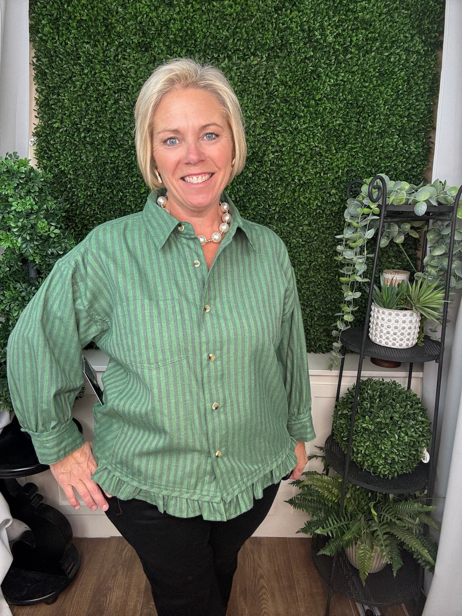WOVEN BUTTON FRONT TOP WITH 3/4 SLEEVES & RUFFLE HEM - GREEN