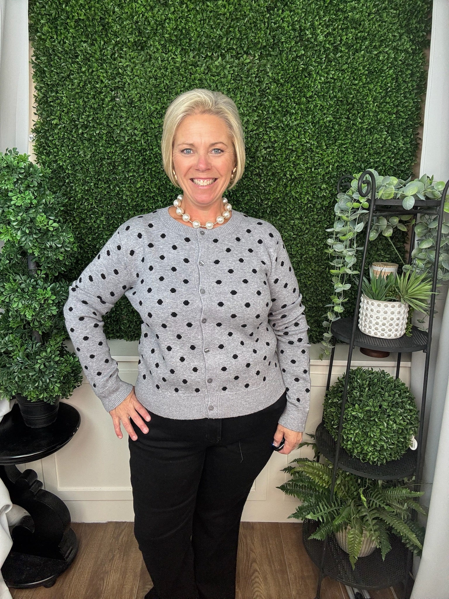 POLKA DOT BUTTON FRONT KNIT CARDIGAN - HEATHER GRAY