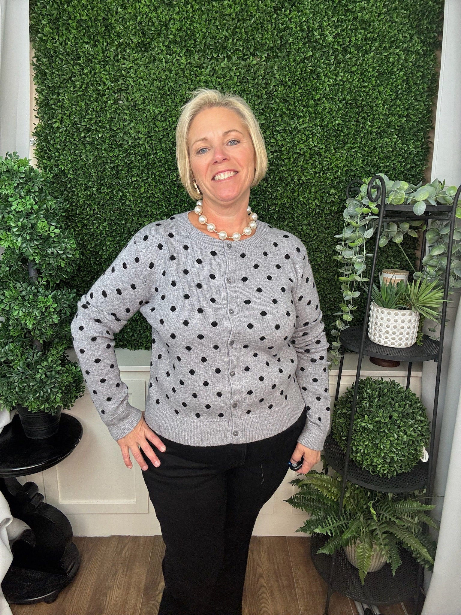 POLKA DOT BUTTON FRONT KNIT CARDIGAN - HEATHER GRAY