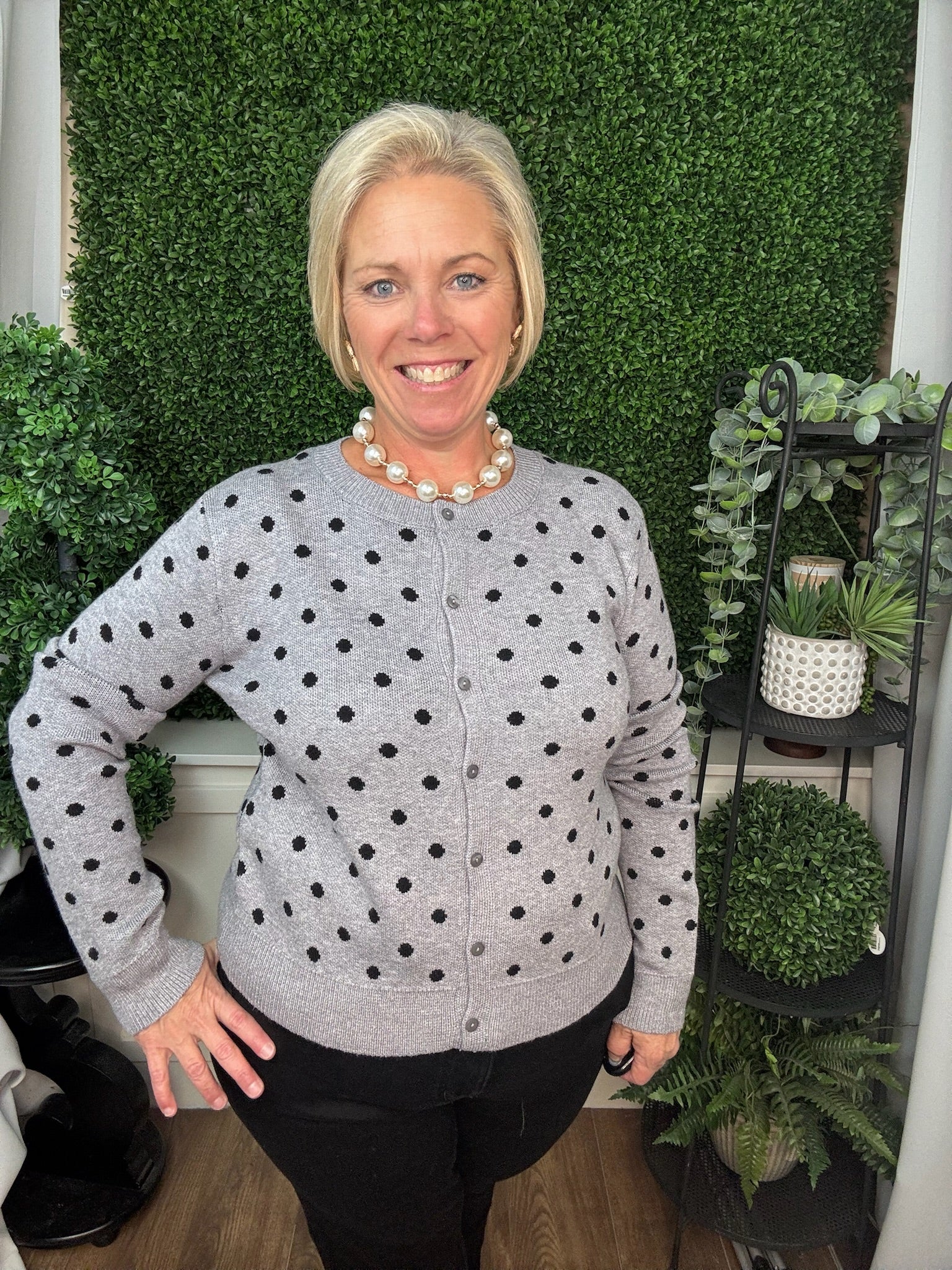 POLKA DOT BUTTON FRONT KNIT CARDIGAN - HEATHER GRAY
