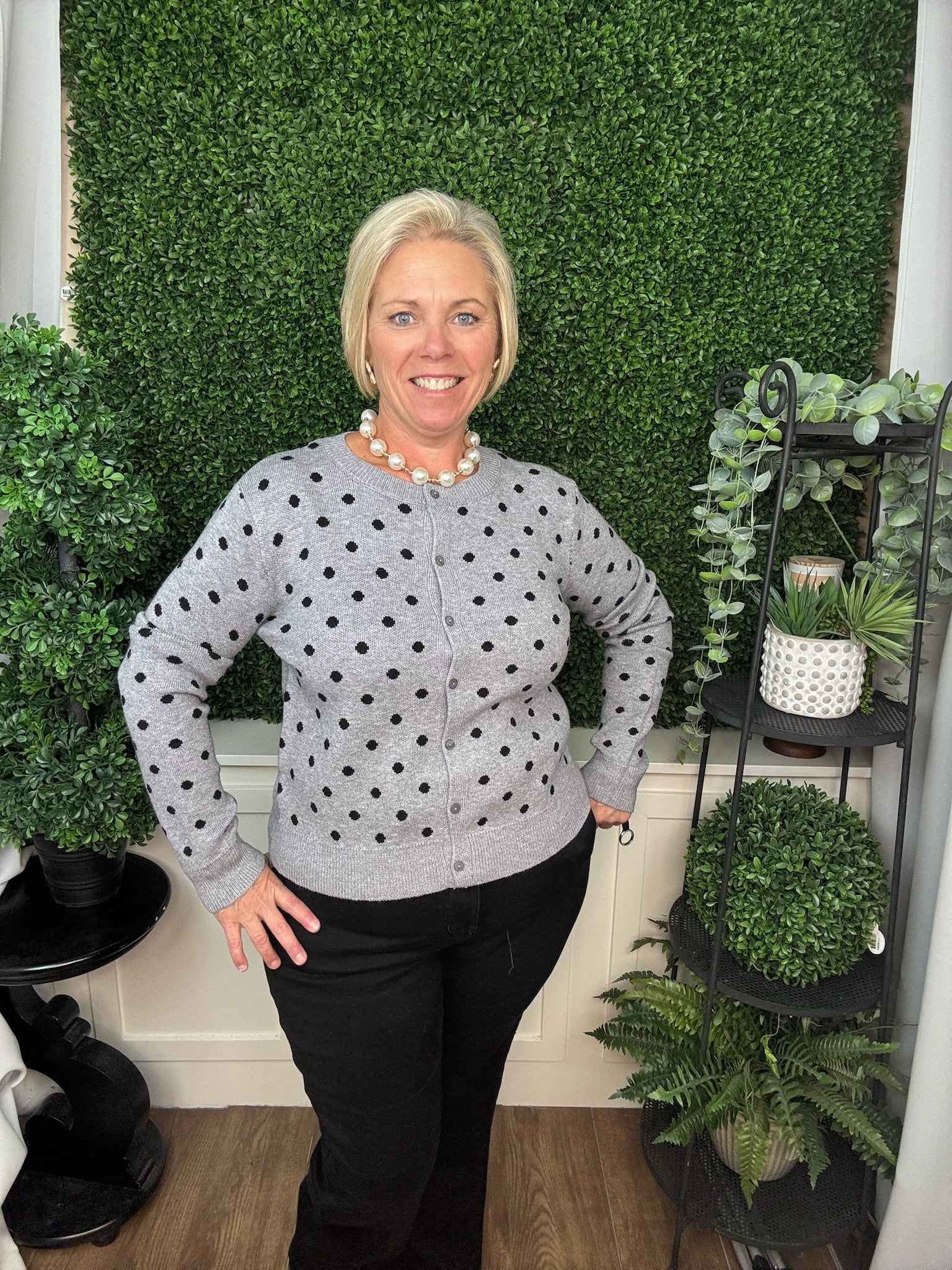 POLKA DOT BUTTON FRONT KNIT CARDIGAN - HEATHER GRAY