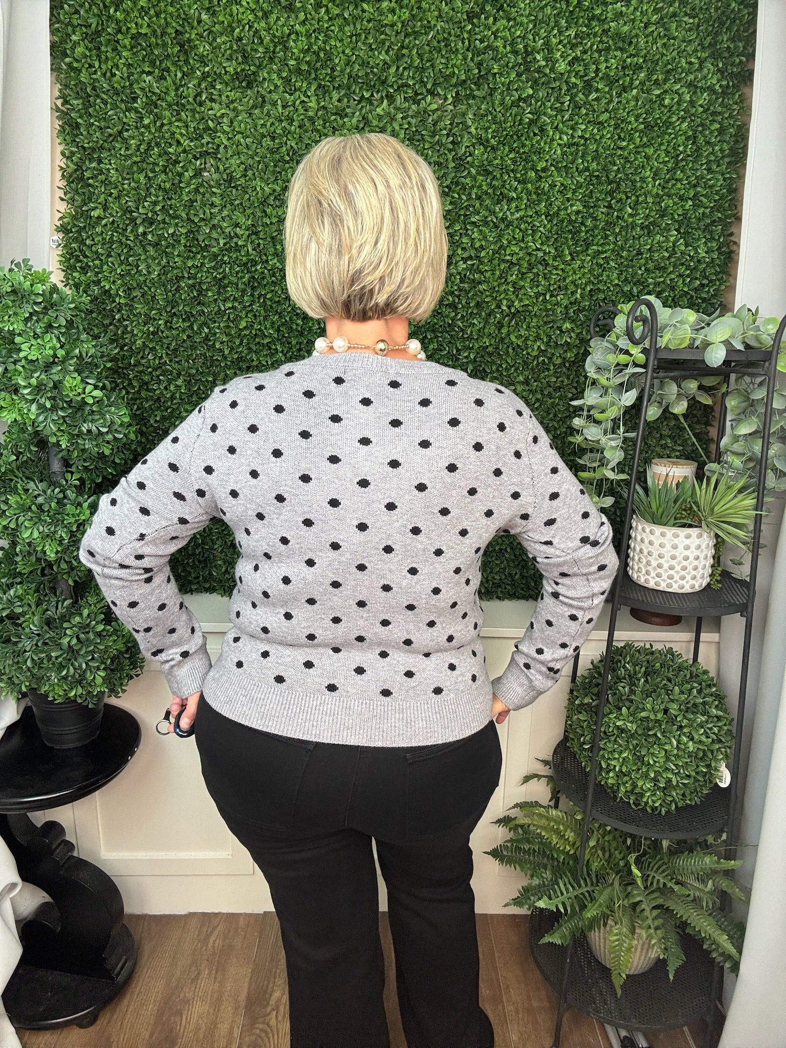 POLKA DOT BUTTON FRONT KNIT CARDIGAN - HEATHER GRAY