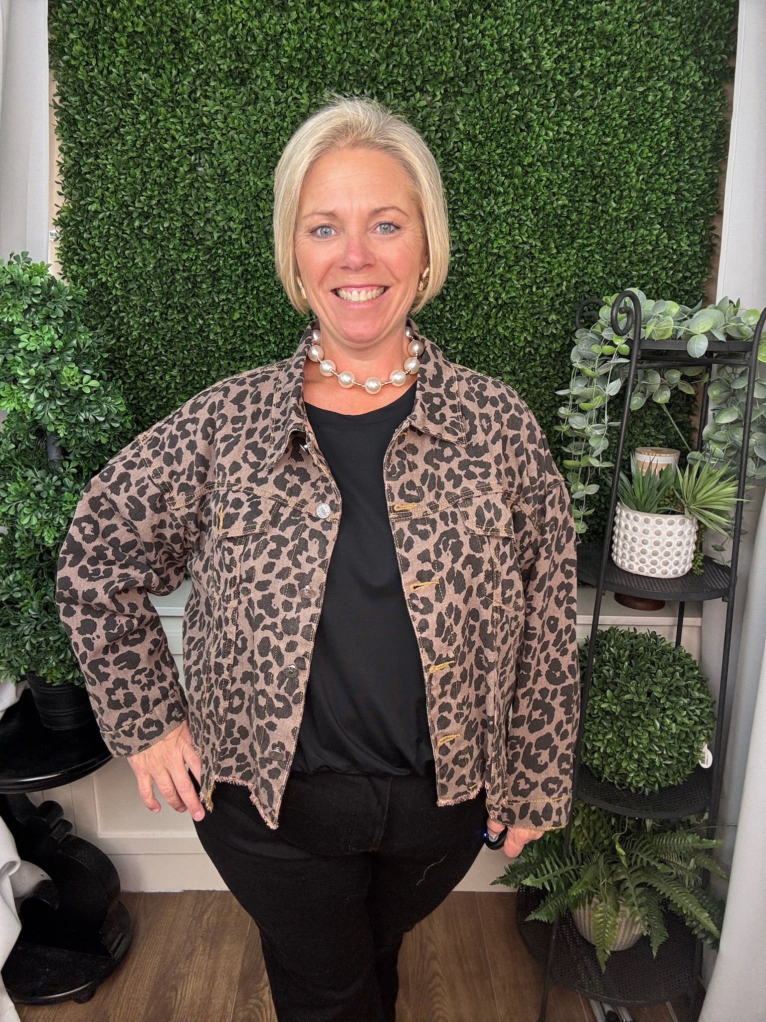 LEOPARD DENIM JACKET - BROWN