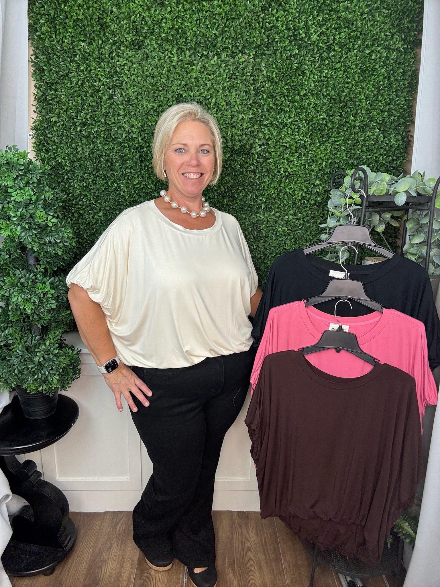 DOUBLE LINED BAMBOO FABRIC BUBBLE SLEEVE AND HEM KNIT TOP - BLACK/BROWN/IVORY/ROSE