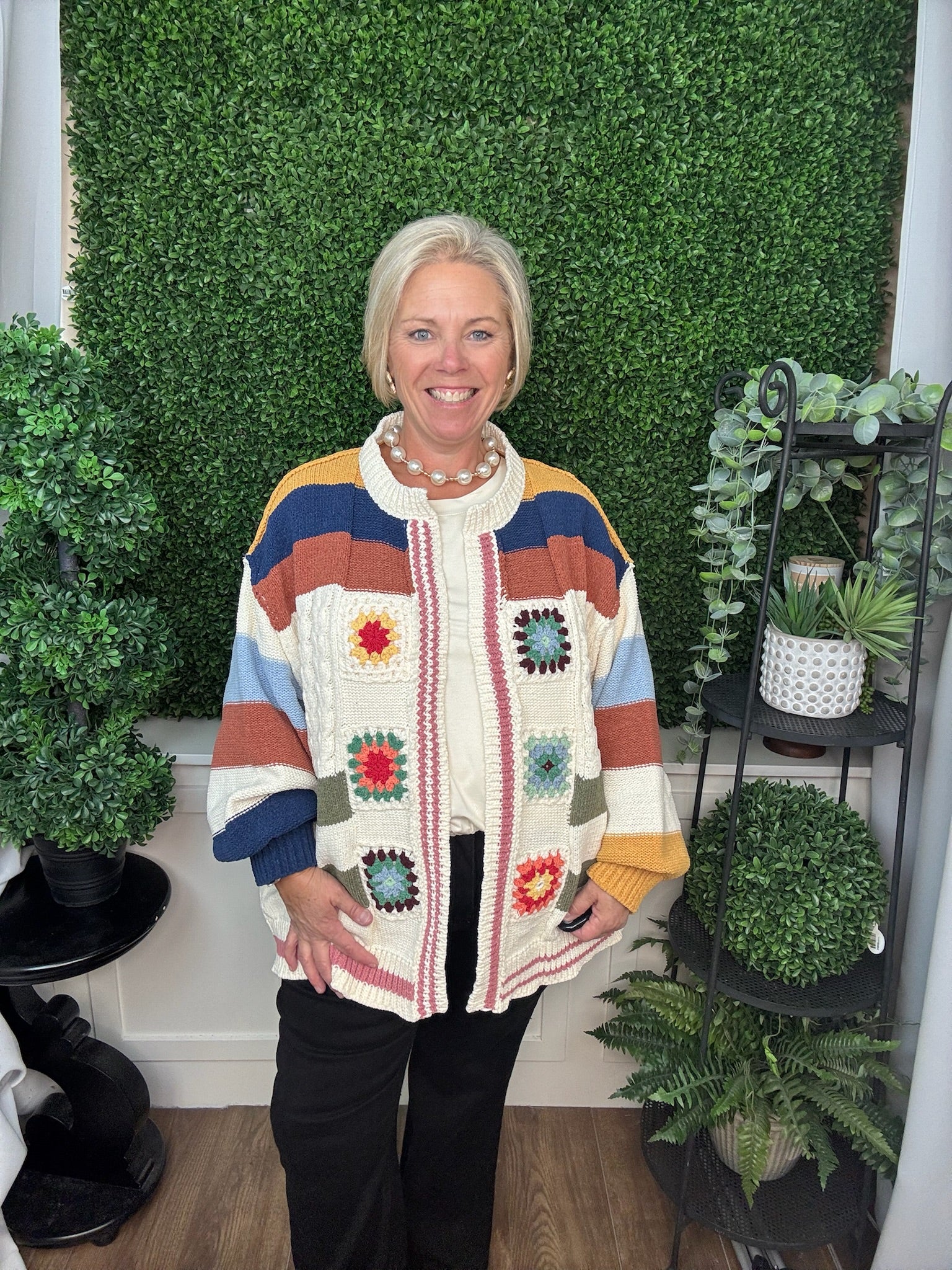 PATCHWORK KNIT CARDIGAN TOP WITH CROCHET FLOWER DETAILS - CREAM MULTI