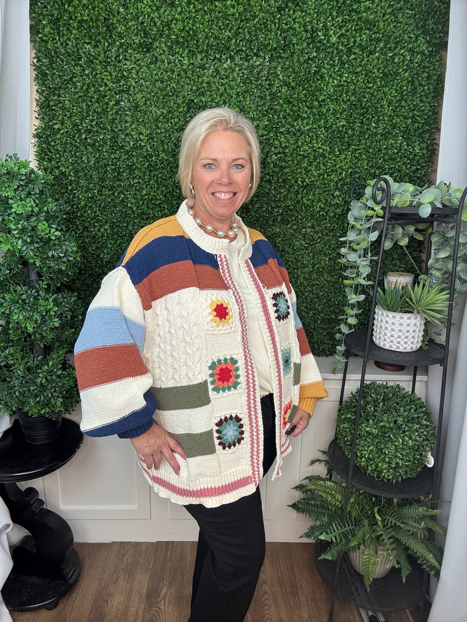 PATCHWORK KNIT CARDIGAN TOP WITH CROCHET FLOWER DETAILS - CREAM MULTI