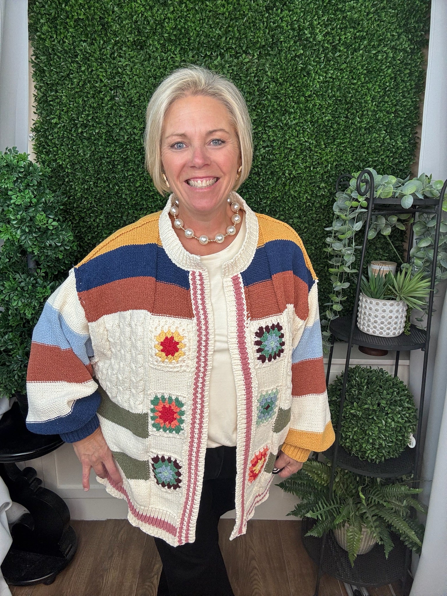 PATCHWORK KNIT CARDIGAN TOP WITH CROCHET FLOWER DETAILS - CREAM MULTI