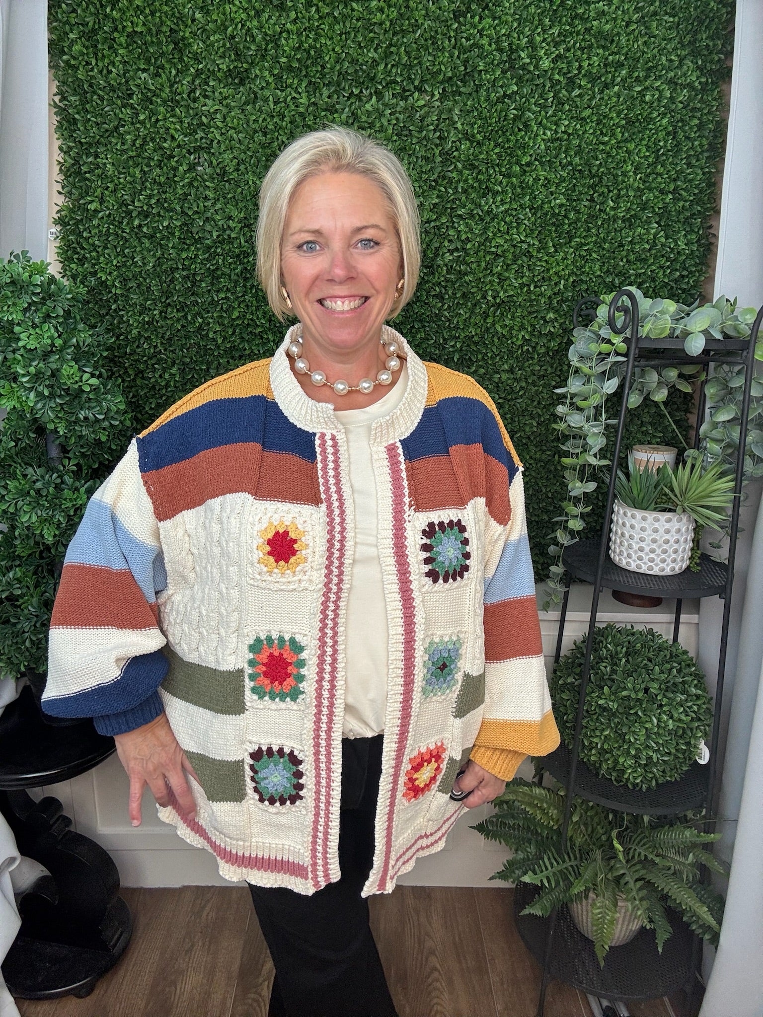 PATCHWORK KNIT CARDIGAN TOP WITH CROCHET FLOWER DETAILS - CREAM MULTI