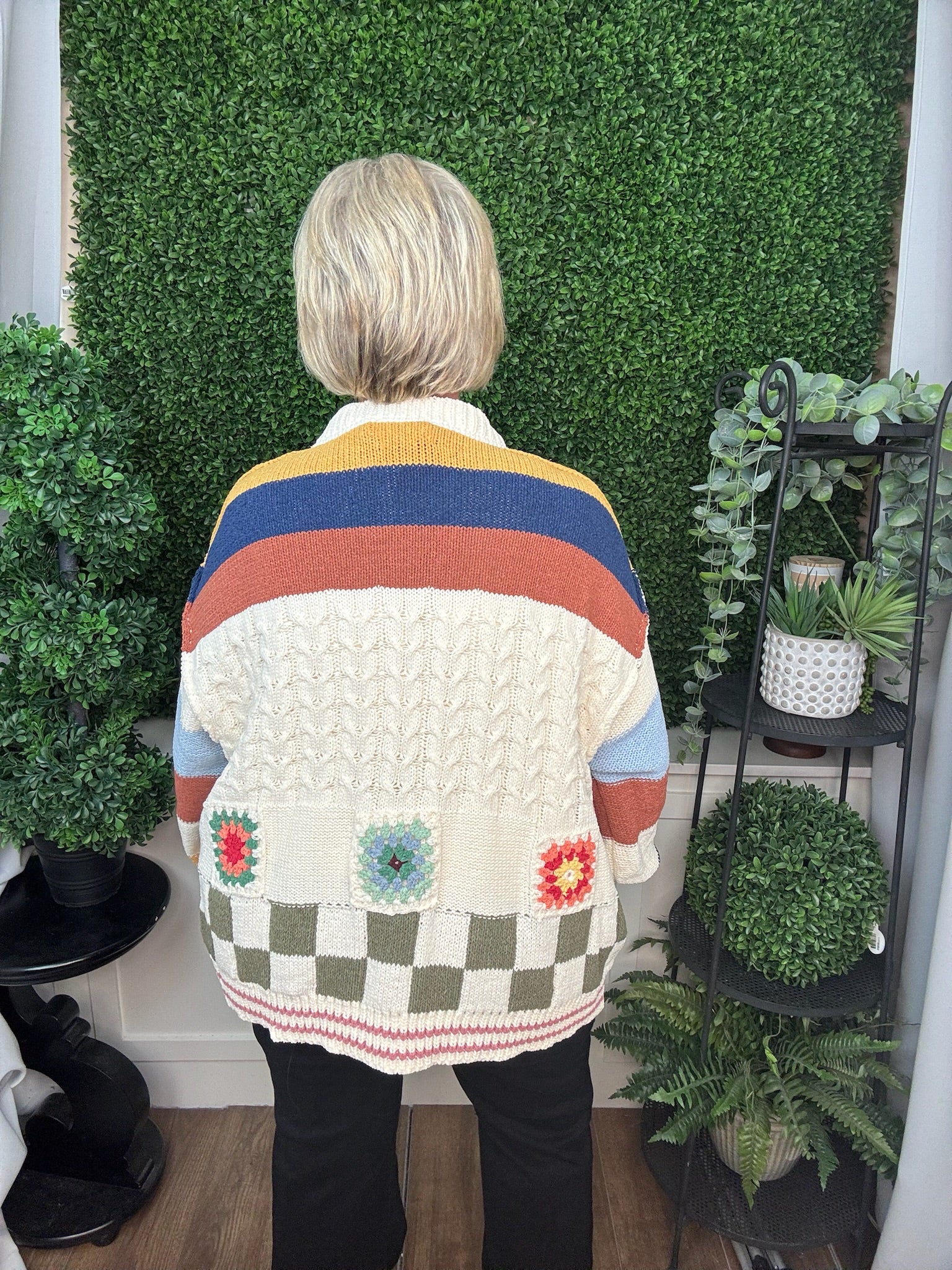 PATCHWORK KNIT CARDIGAN TOP WITH CROCHET FLOWER DETAILS - CREAM MULTI