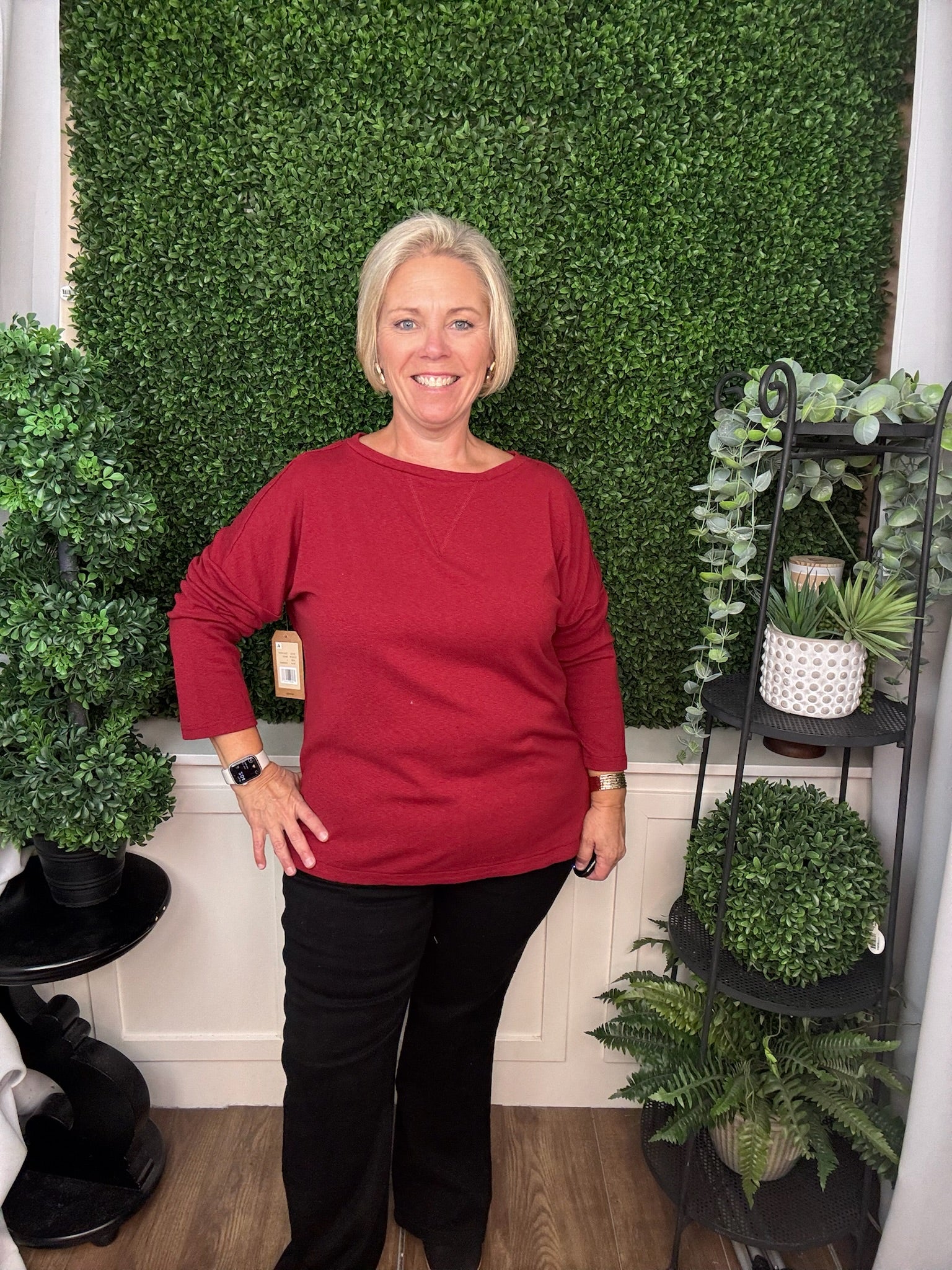 RIB KNIT LONG SLEEVE TOP - BRICK