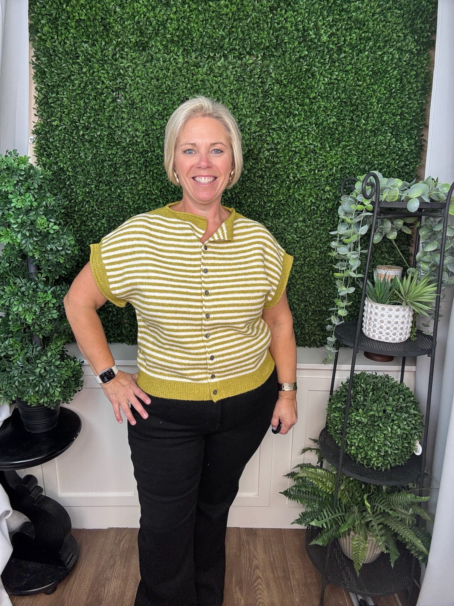 STRIPED BUTTON FRONT KNIT TOP - HUNTER GREEN/MARTINI OLIVE