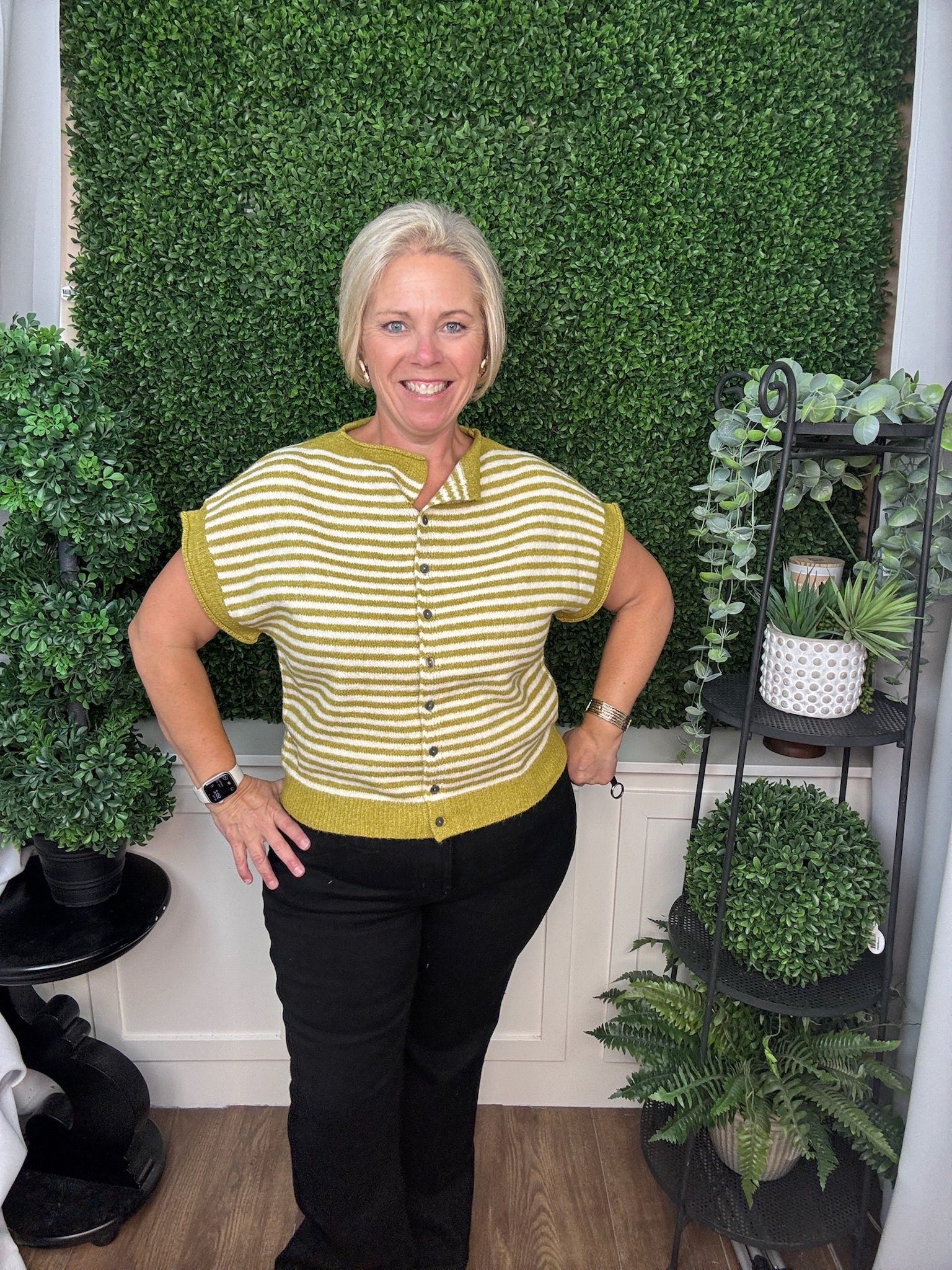 STRIPED BUTTON FRONT KNIT TOP - HUNTER GREEN/MARTINI OLIVE