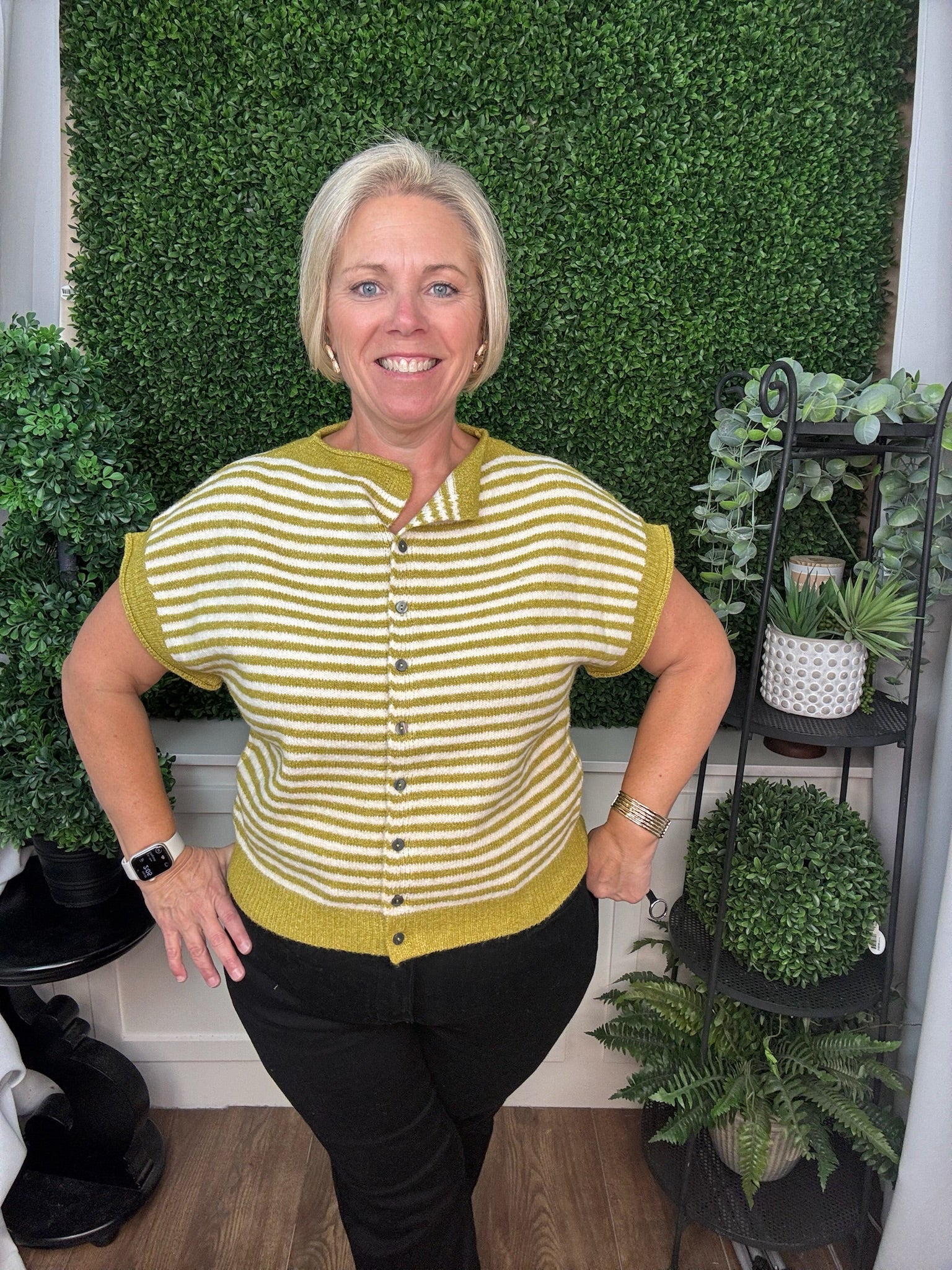 STRIPED BUTTON FRONT KNIT TOP - HUNTER GREEN/MARTINI OLIVE