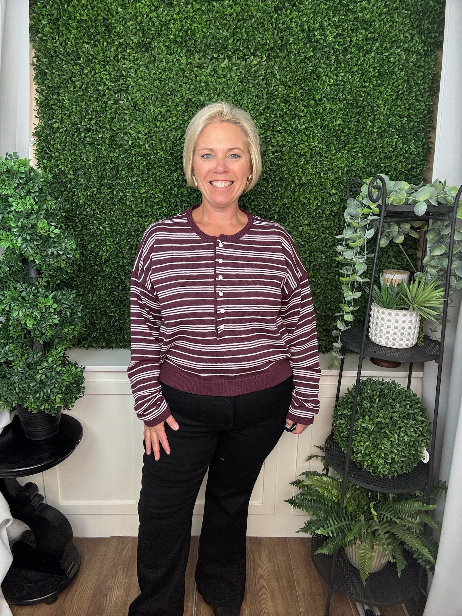 STRIPED BUTTON FRONT LONG SLEEVE SWEATER - DARK CHERRY