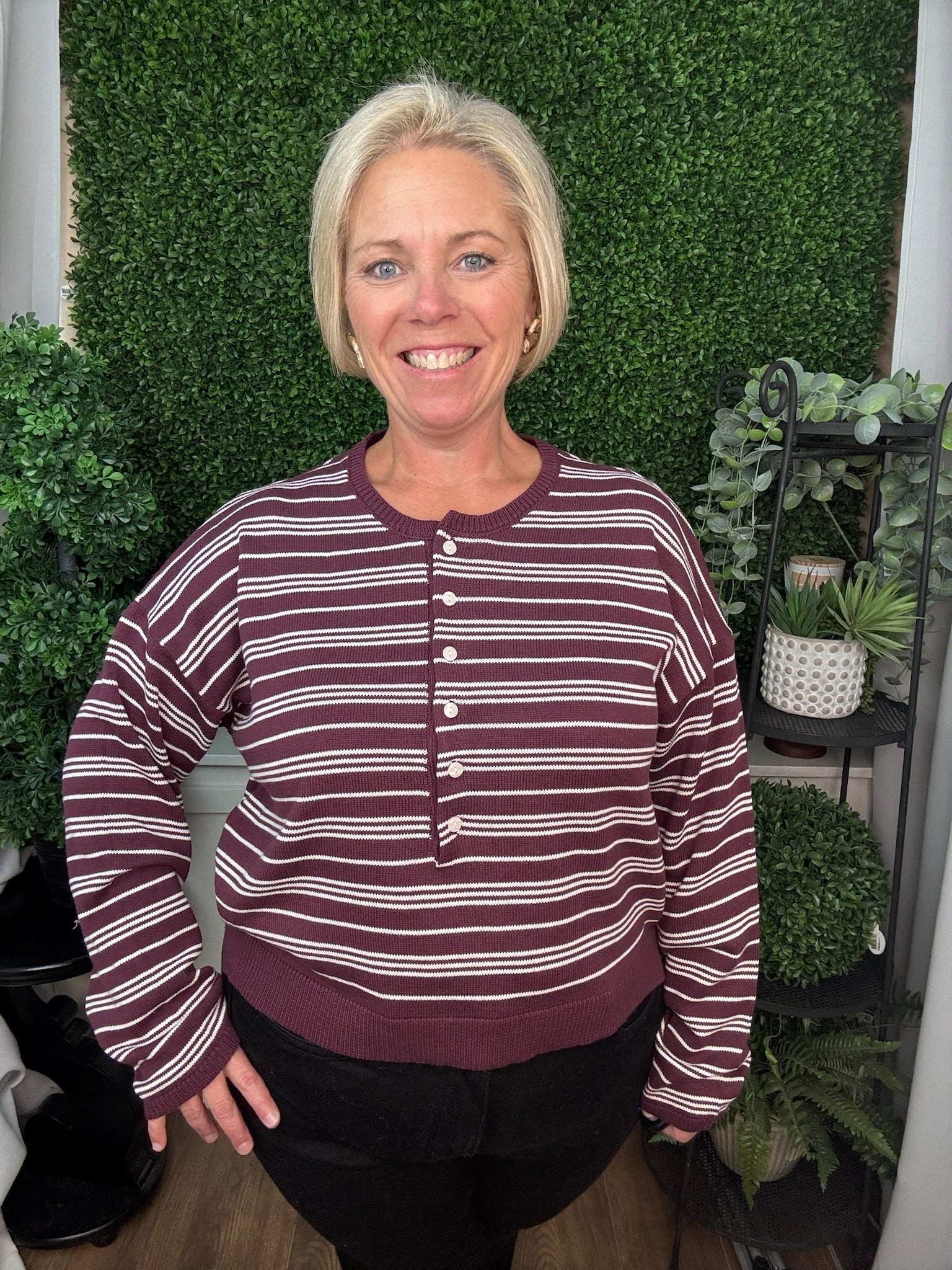 STRIPED BUTTON FRONT LONG SLEEVE SWEATER - DARK CHERRY