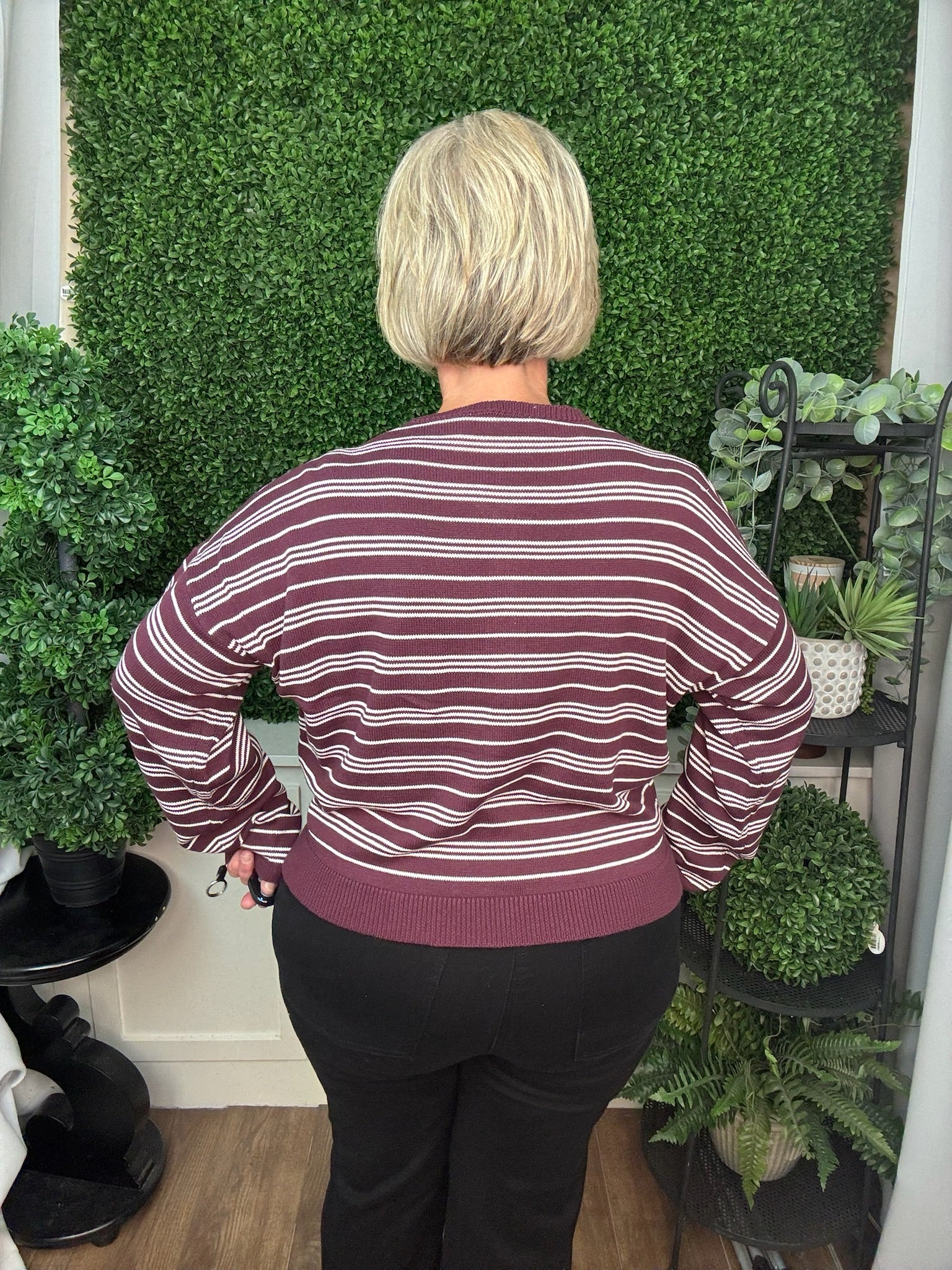 STRIPED BUTTON FRONT LONG SLEEVE SWEATER - DARK CHERRY