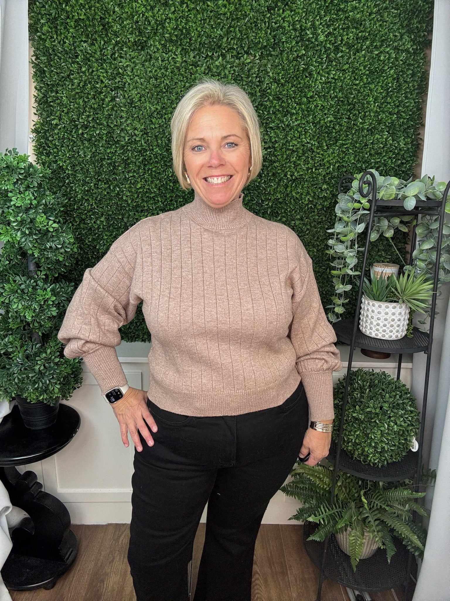 LONG SLEEVE MOCK NECK SWEATER TOP - LT. MOCHA