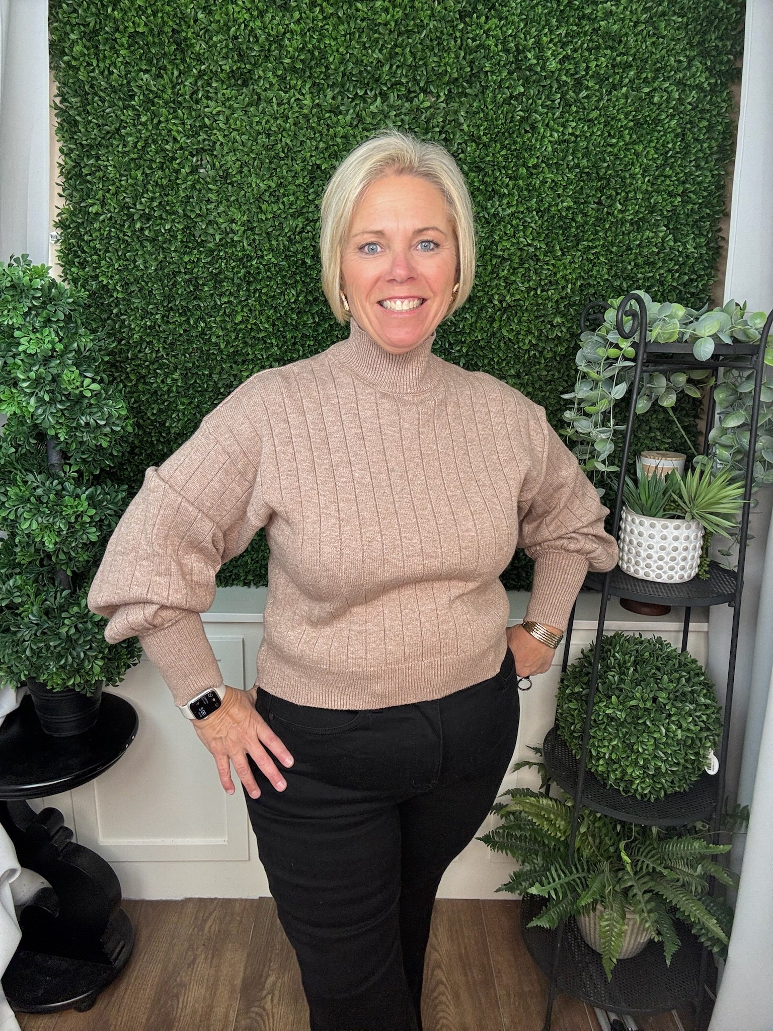LONG SLEEVE MOCK NECK SWEATER TOP - LT. MOCHA