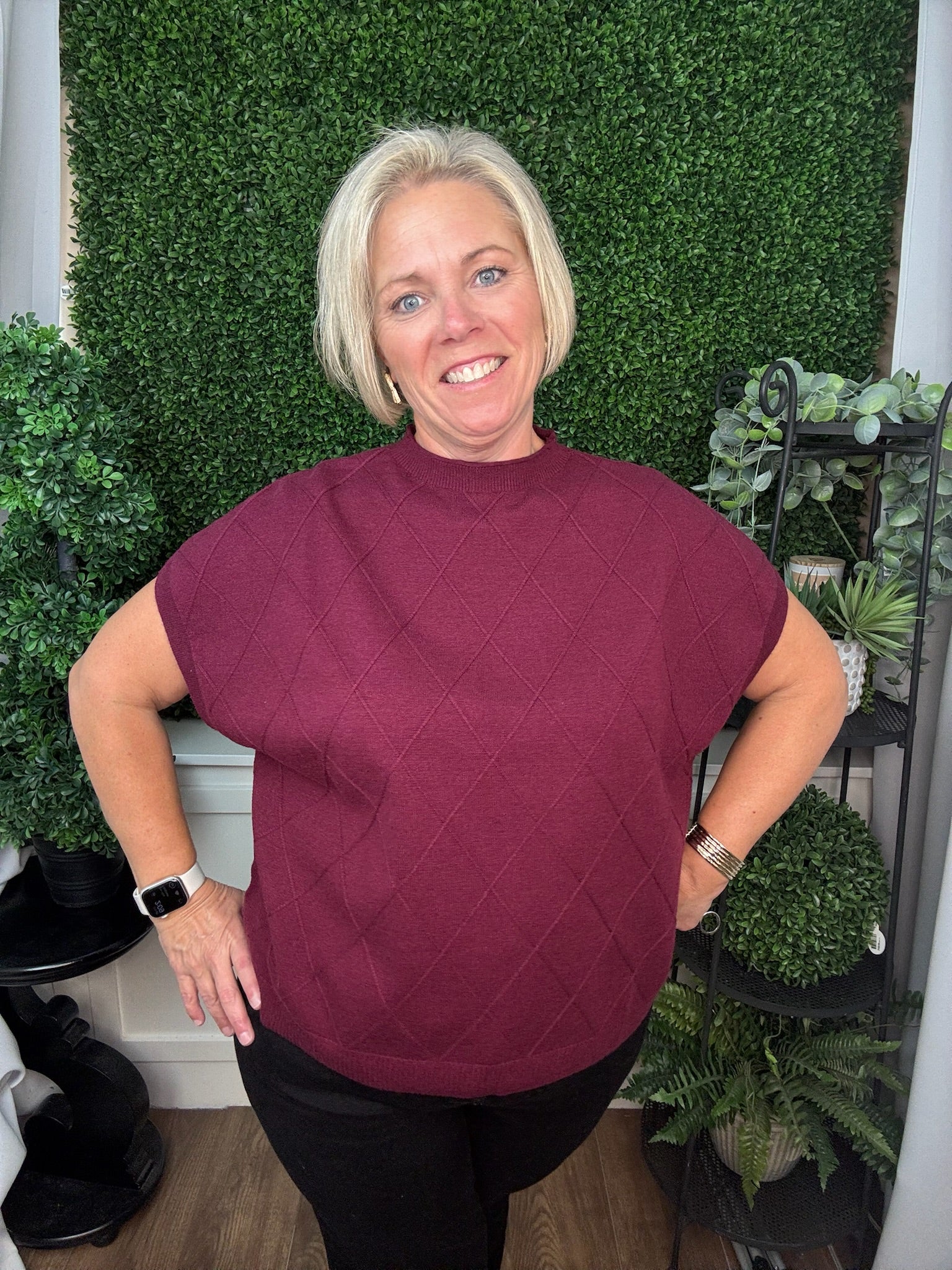 DROP SHOULDER MOCK NECK SWEATER VEST - WINE
