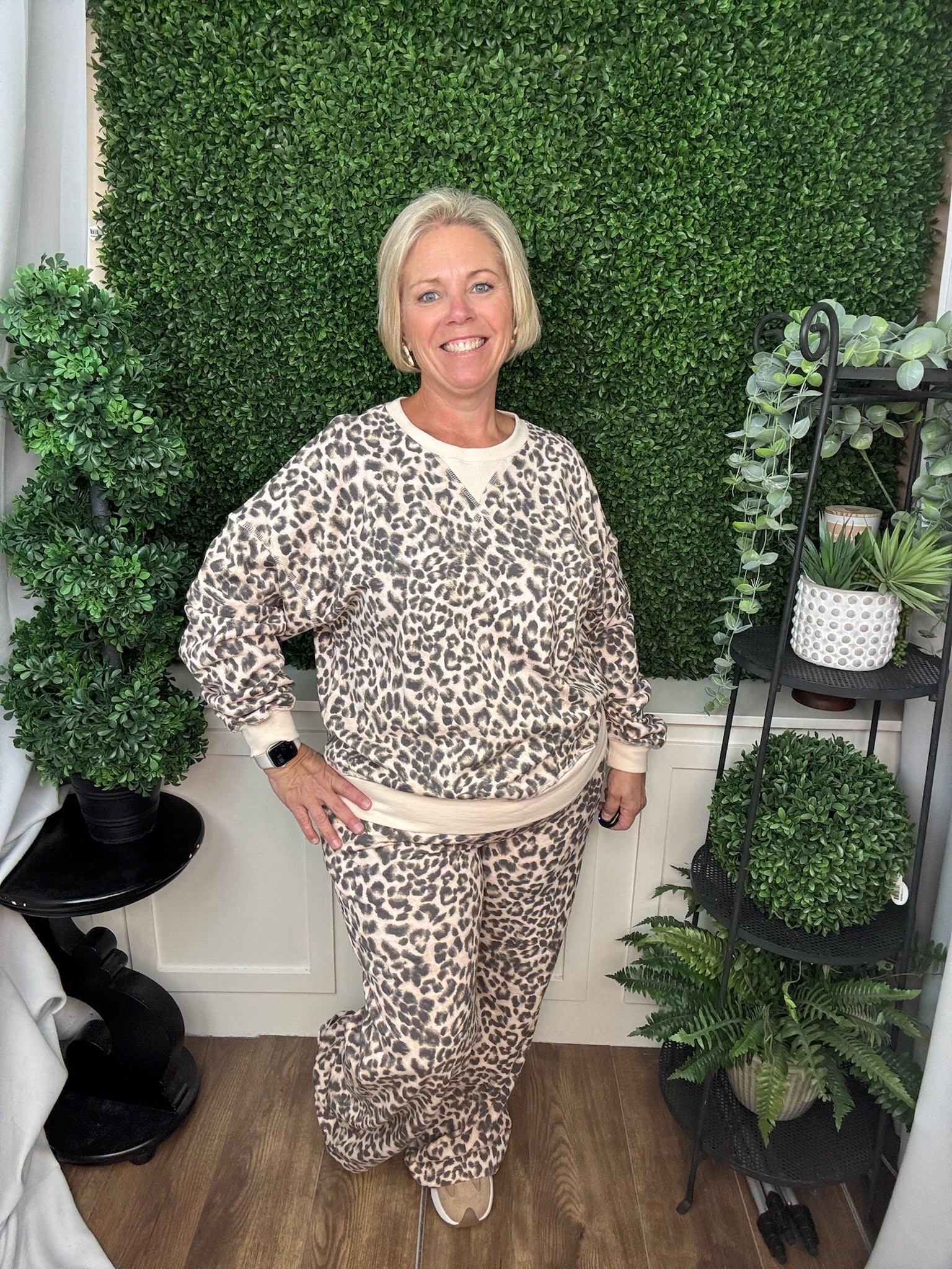 LEOPARD PRINT PULLOVER AND PANTS SET - CREAM