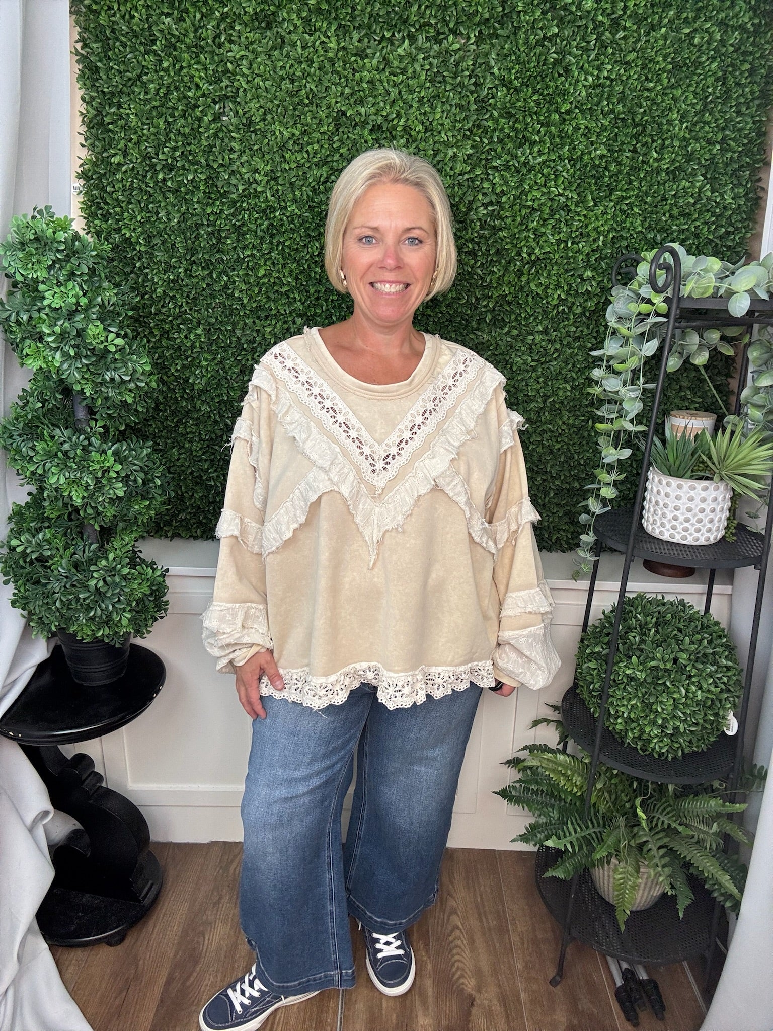 LACE TRIMMED RUFFLE DETAIL TOP - NUDE BEIGE