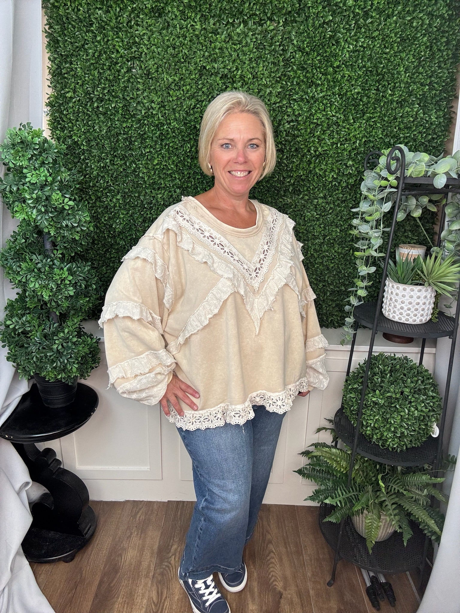 LACE TRIMMED RUFFLE DETAIL TOP - NUDE BEIGE
