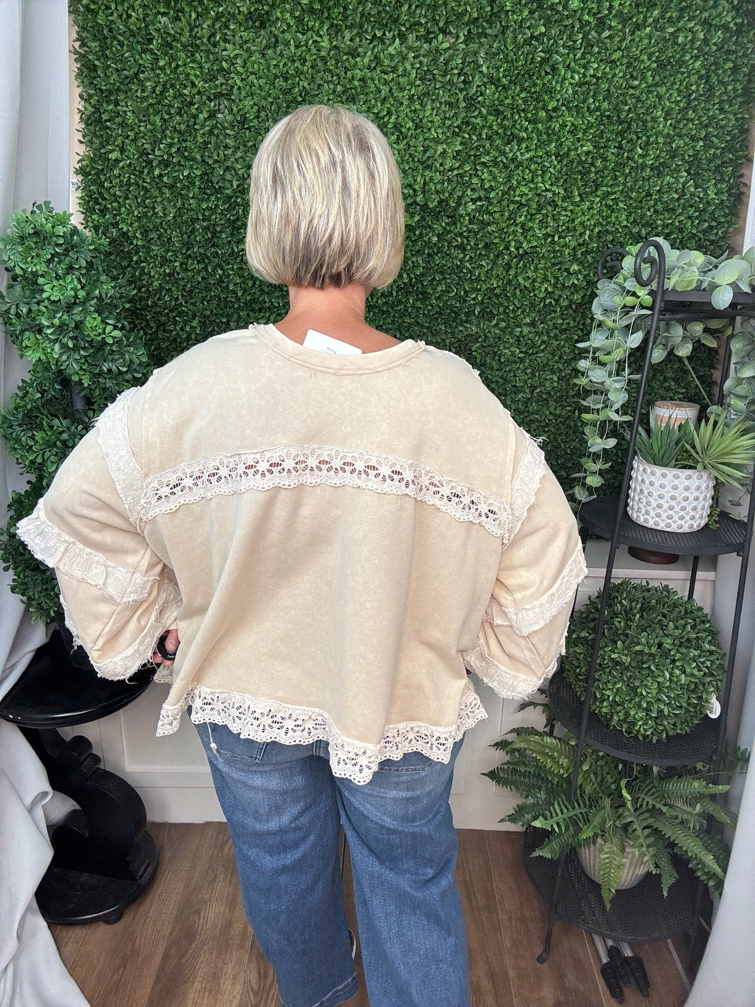 LACE TRIMMED RUFFLE DETAIL TOP - NUDE BEIGE