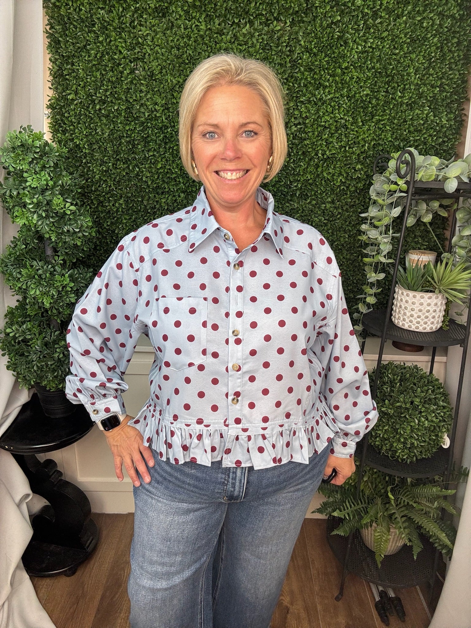 POLKA DOT RUFFLED LONG SLEEVE TOP - MERLOT SKY