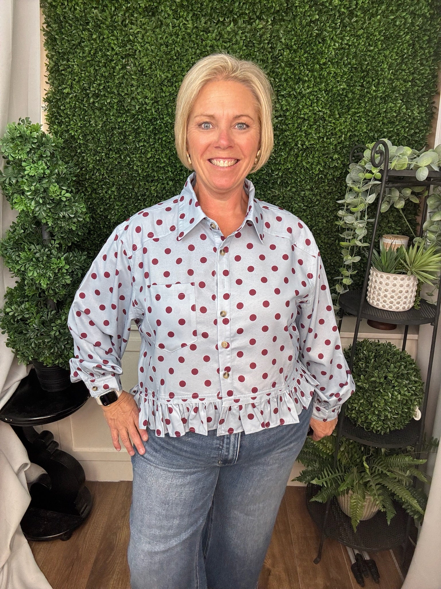 POLKA DOT RUFFLED LONG SLEEVE TOP - MERLOT SKY