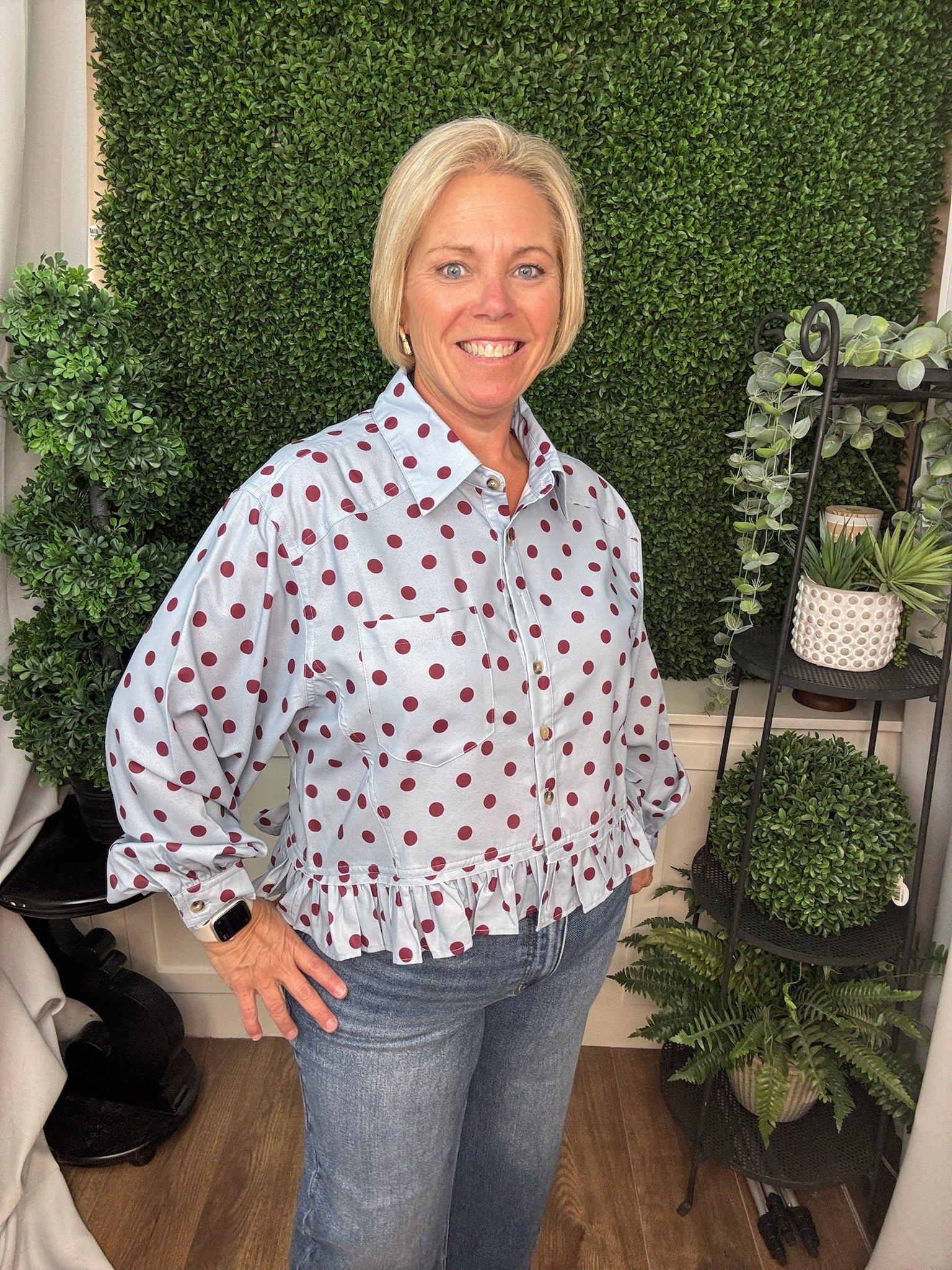 POLKA DOT RUFFLED LONG SLEEVE TOP - MERLOT SKY
