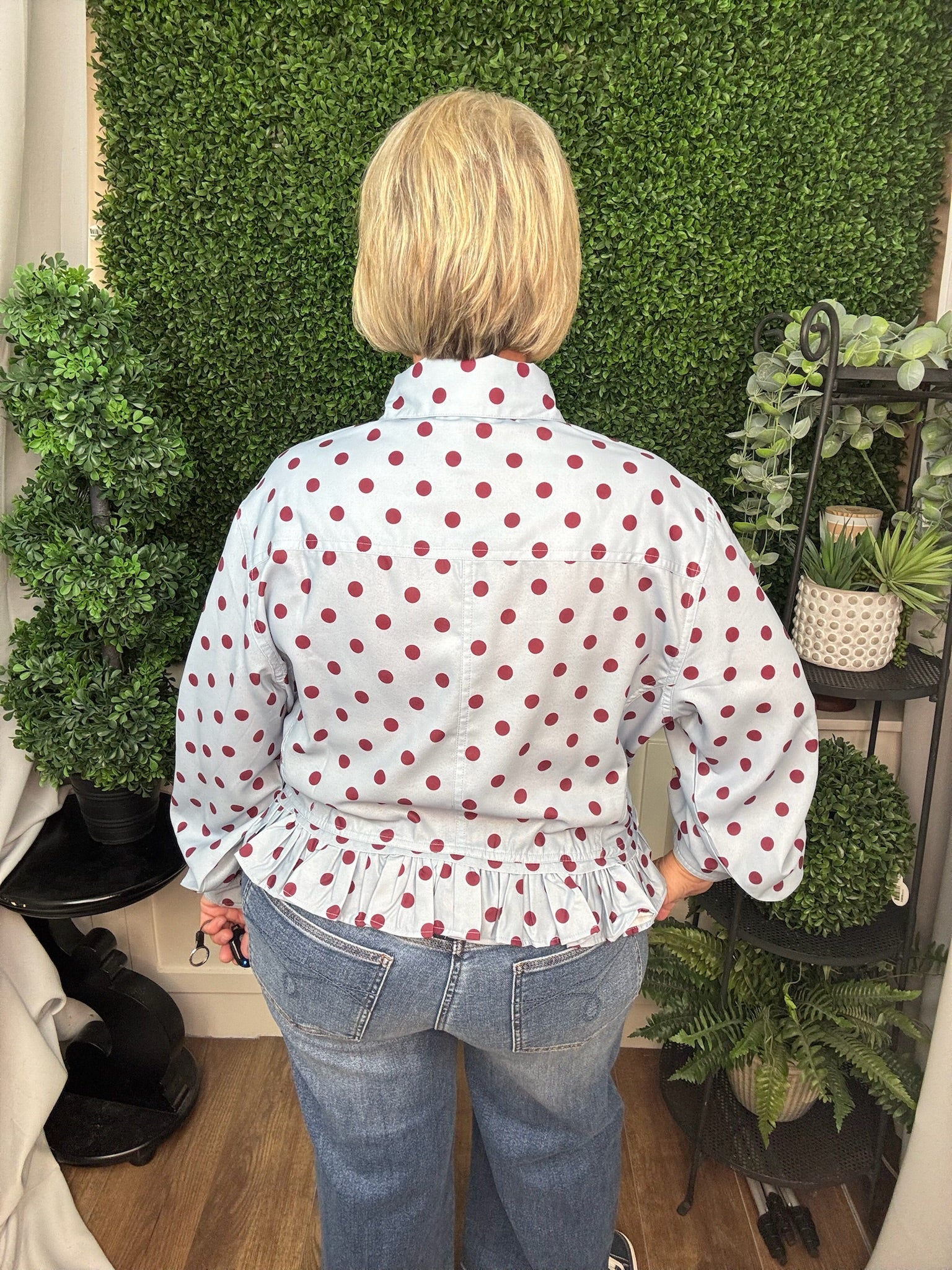 POLKA DOT RUFFLED LONG SLEEVE TOP - MERLOT SKY