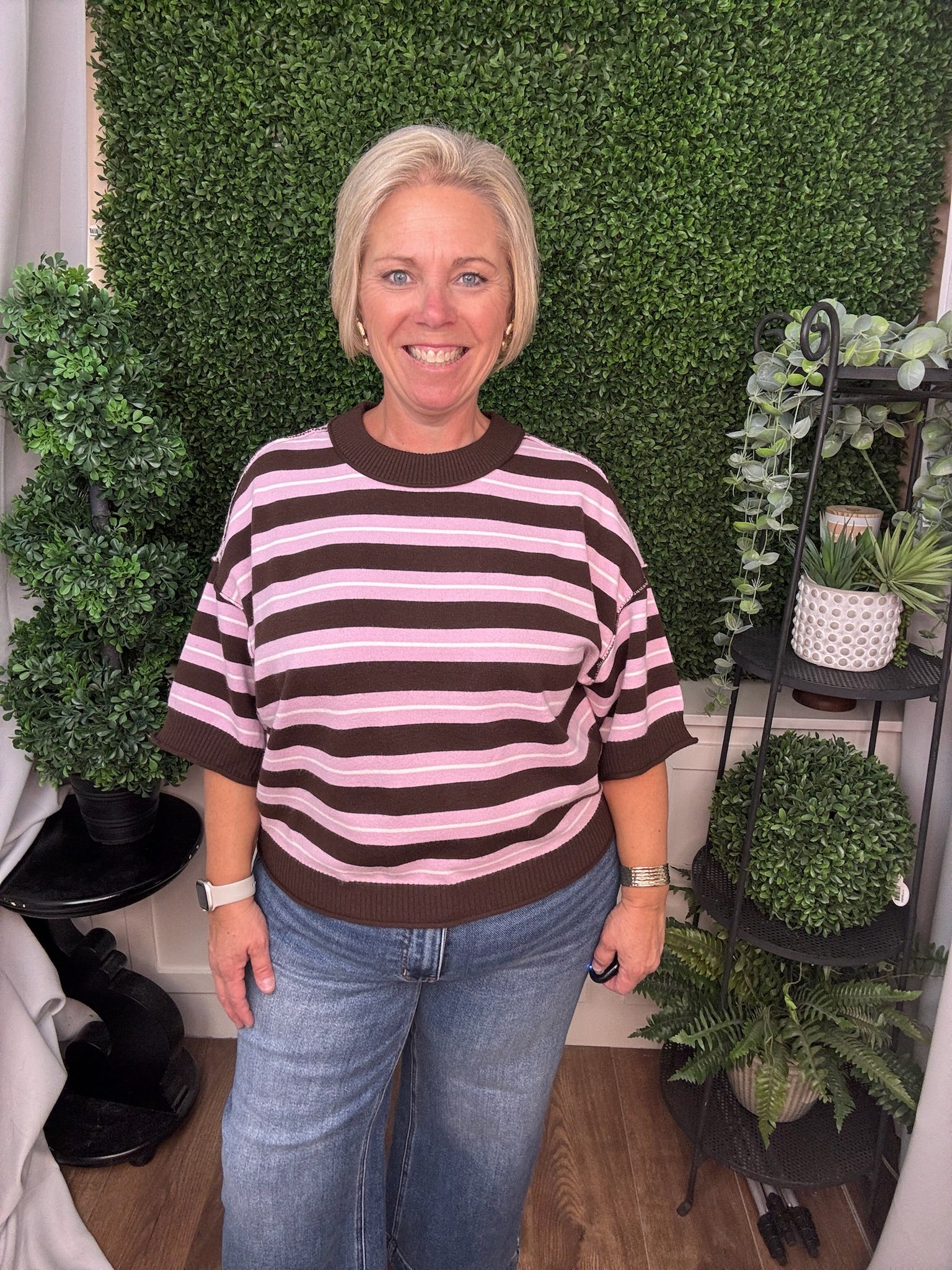 STRIPED SHORT SLEEVE KNIT SWEATER - PINK MUESLI