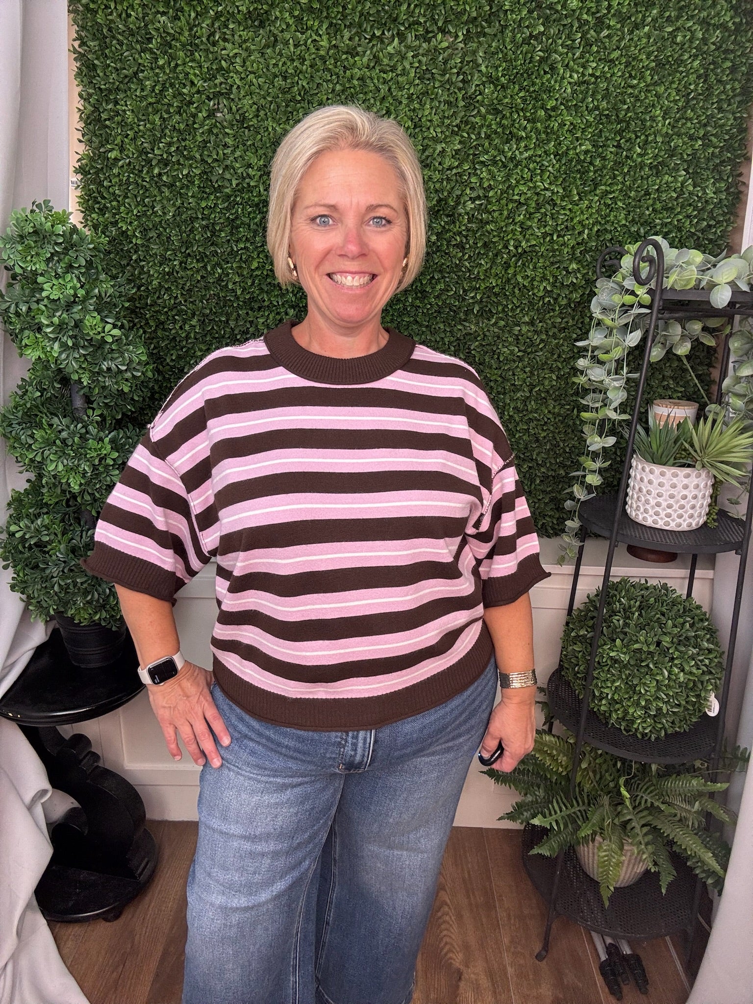 STRIPED SHORT SLEEVE KNIT SWEATER - PINK MUESLI
