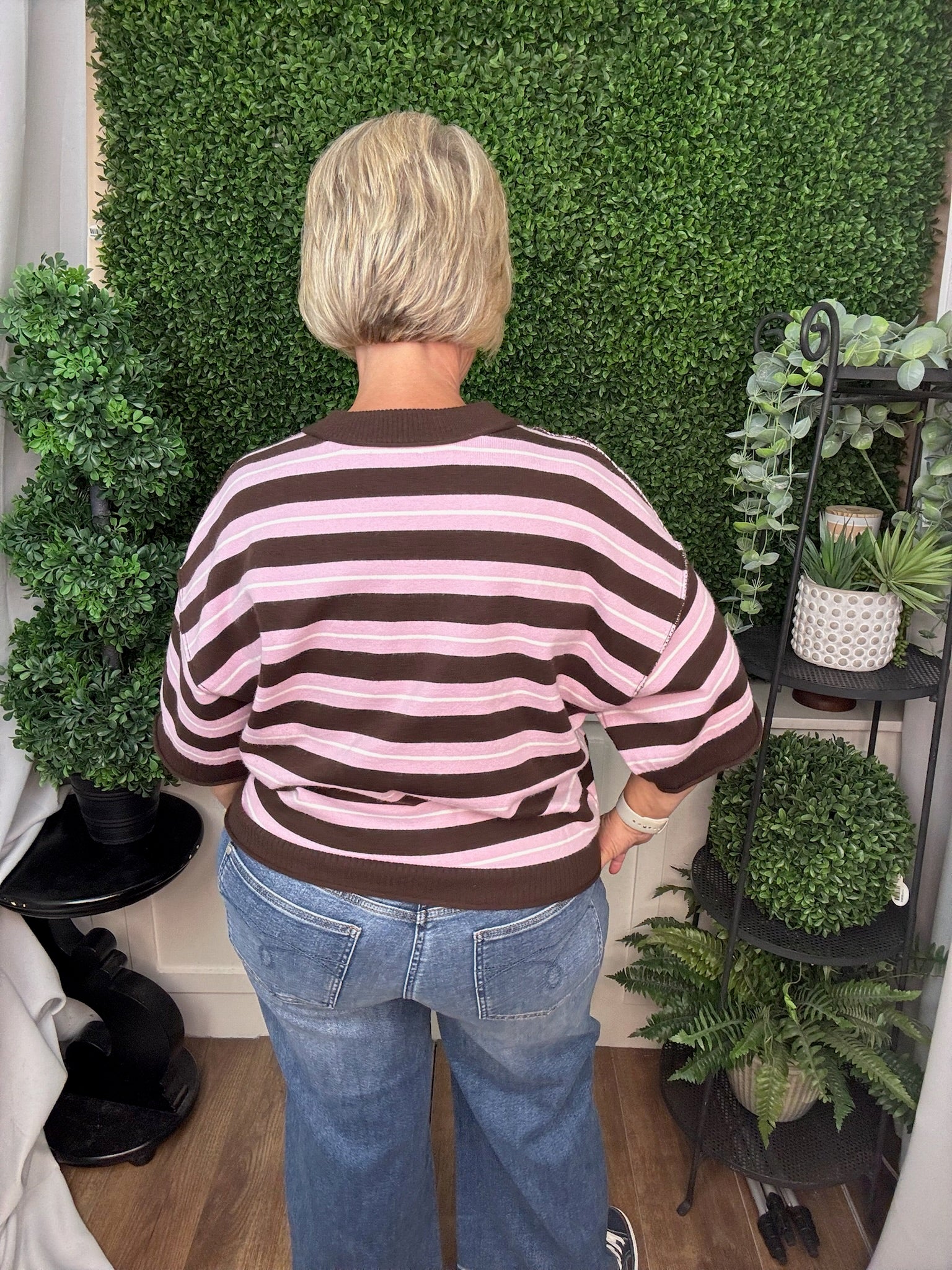 STRIPED SHORT SLEEVE KNIT SWEATER - PINK MUESLI