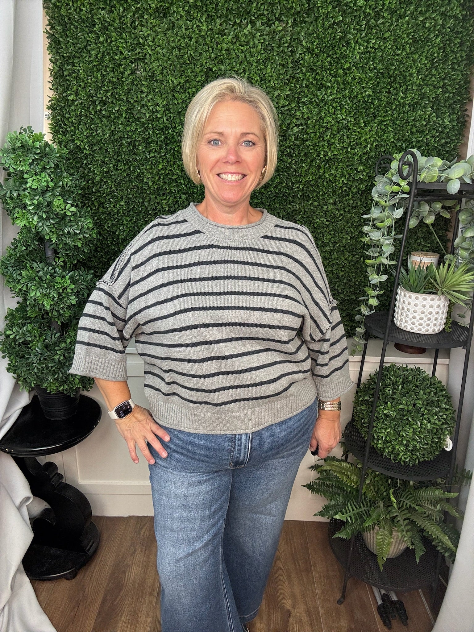 LOOSE FIT KNIT PULLOVER STRIPE SWEATER TOP - DARK GRAY/NAVY