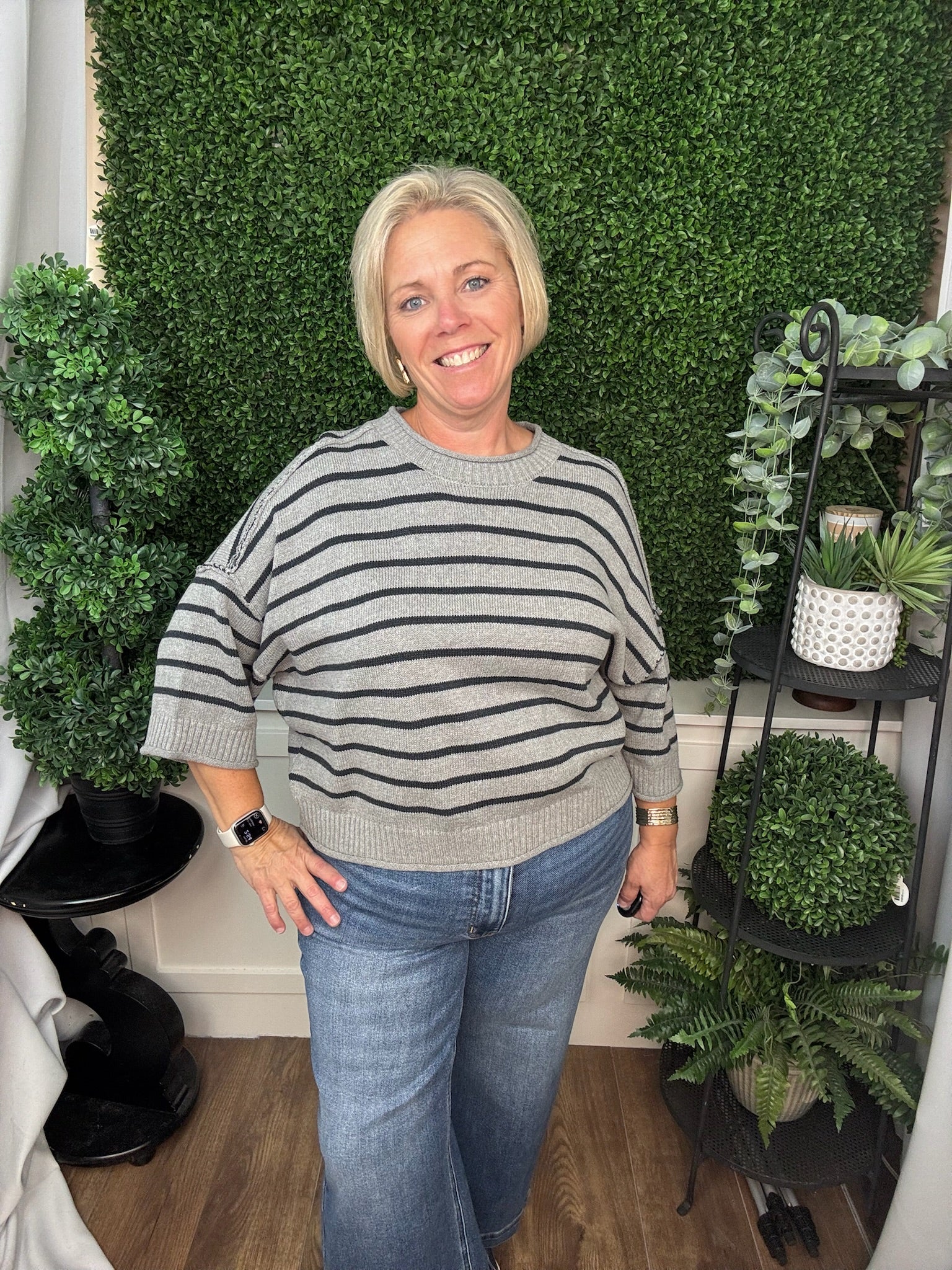 LOOSE FIT KNIT PULLOVER STRIPE SWEATER TOP - DARK GRAY/NAVY