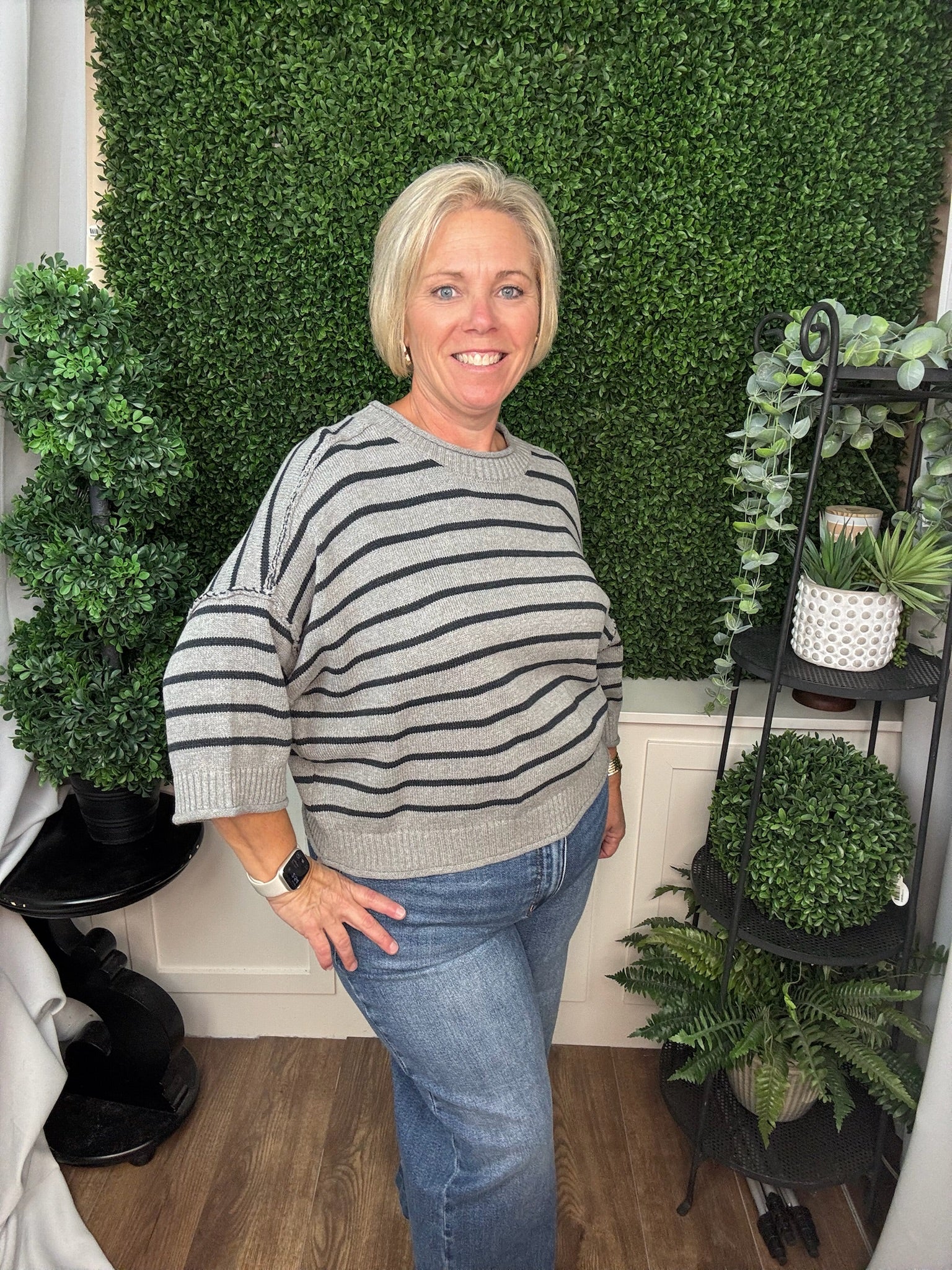 LOOSE FIT KNIT PULLOVER STRIPE SWEATER TOP - DARK GRAY/NAVY