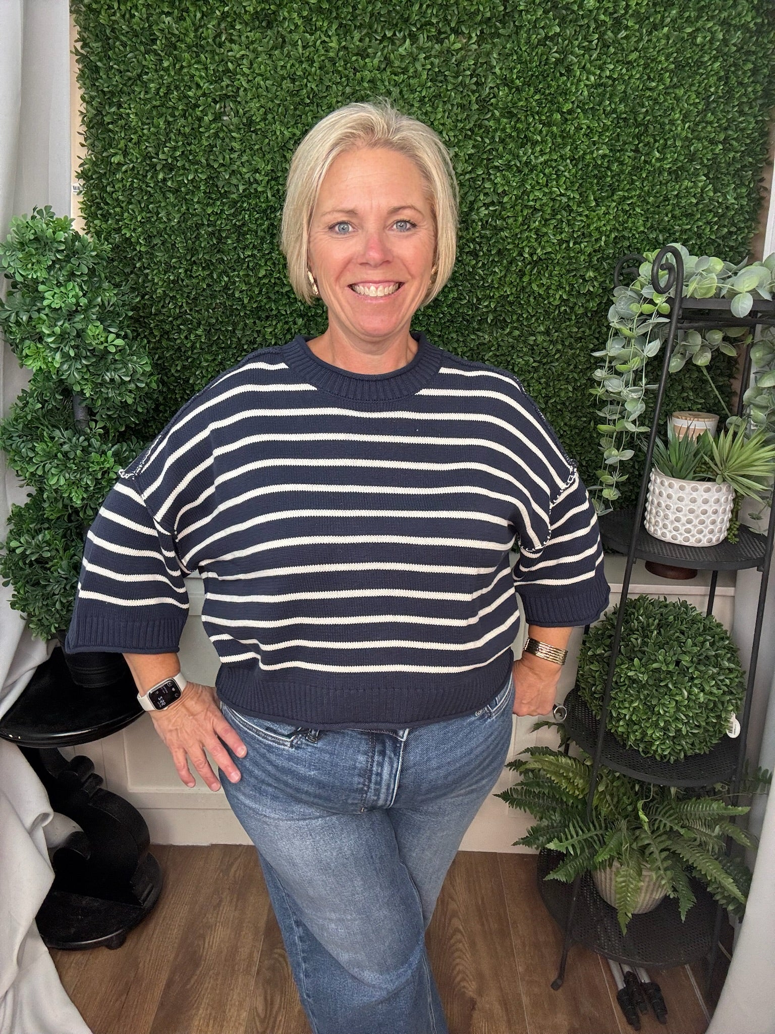 LOOSE FIT KNIT PULLOVER STRIPE SWEATER TOP - DARK GRAY/NAVY