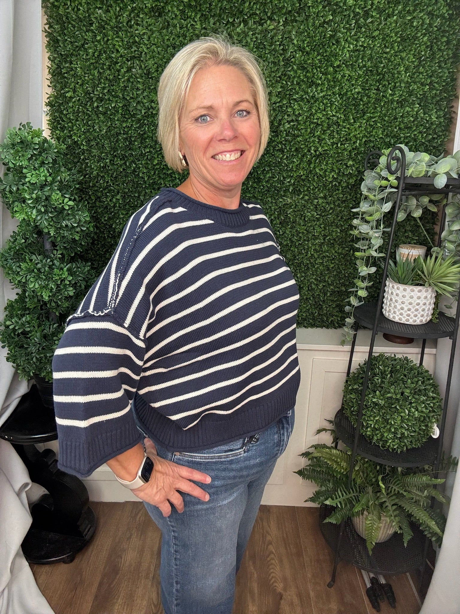 LOOSE FIT KNIT PULLOVER STRIPE SWEATER TOP - DARK GRAY/NAVY