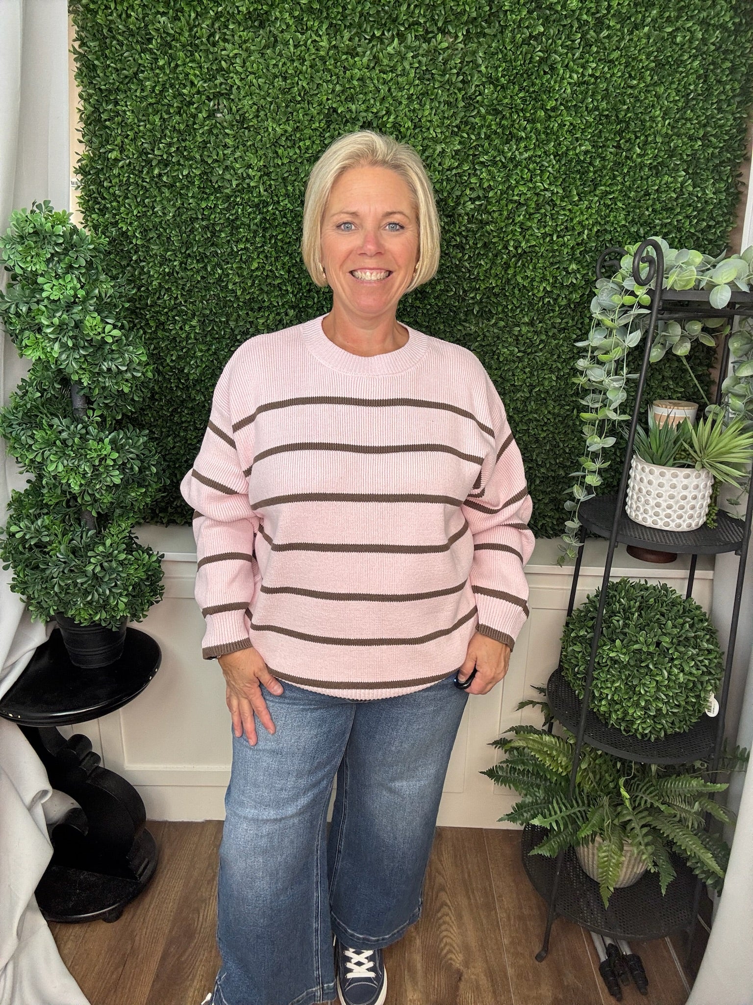 LONG SLEEVE STRIPED SWEATER TOP - PINK