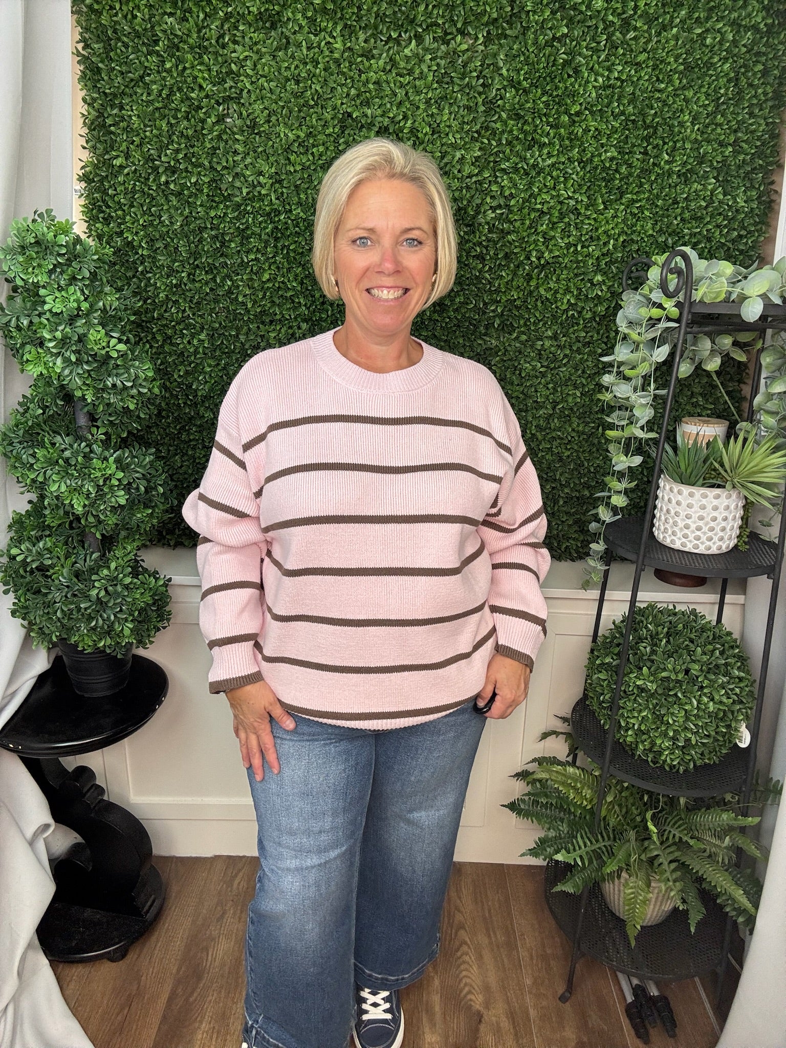 LONG SLEEVE STRIPED SWEATER TOP - PINK