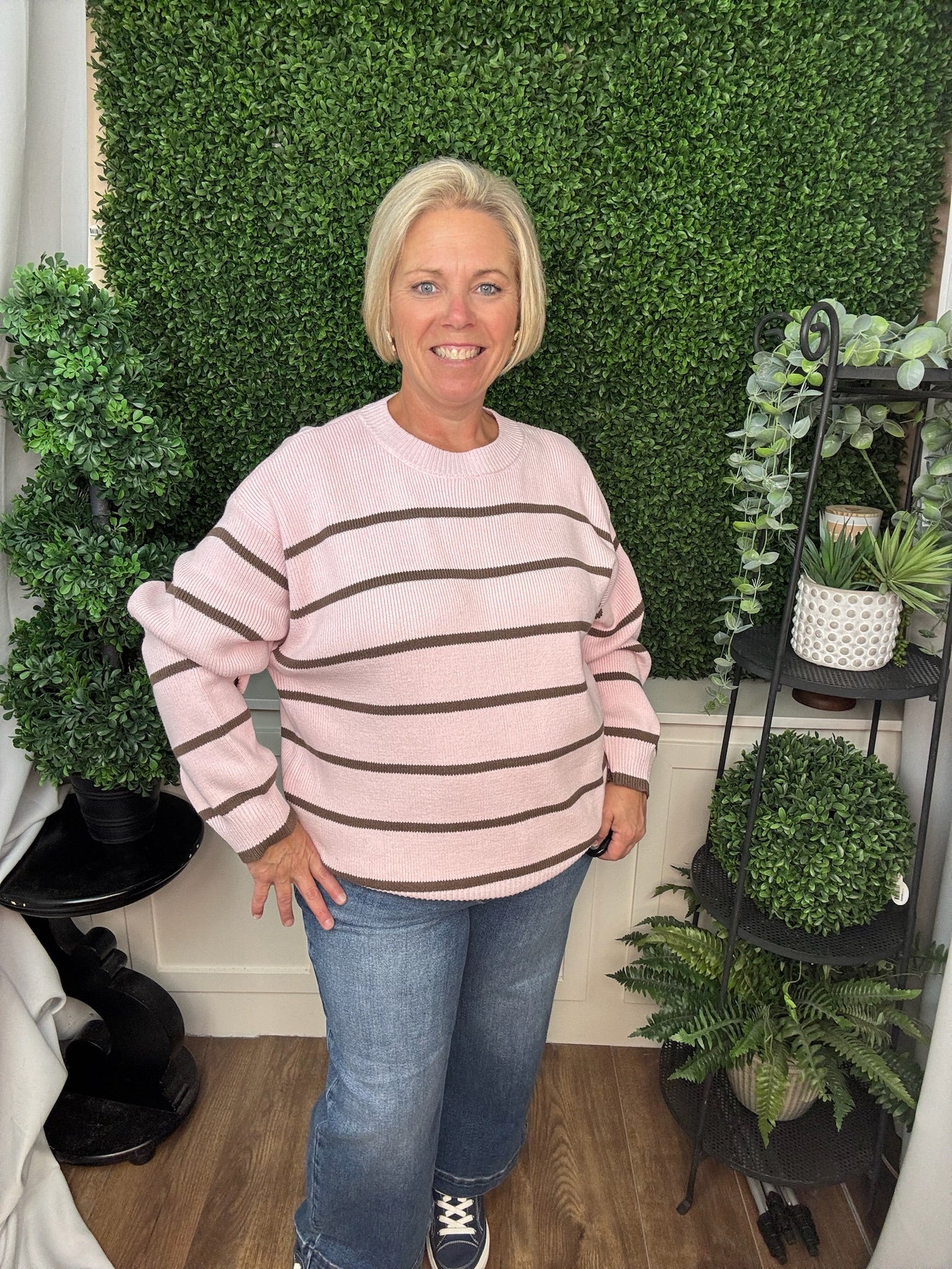 LONG SLEEVE STRIPED SWEATER TOP - PINK