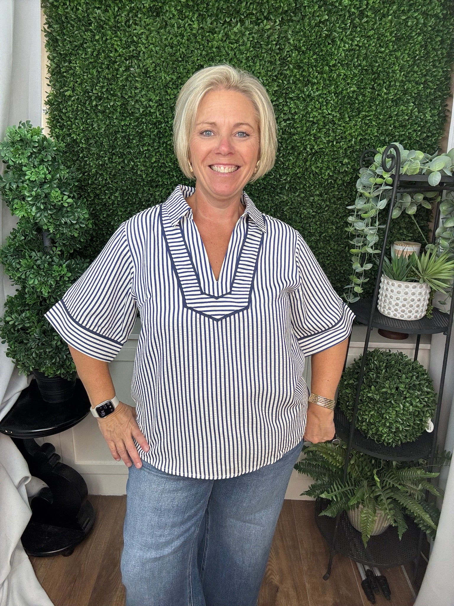 HALF SLEEVE COLLARED STRIPED WOVEN TOP WITH CONTRAST PIPING - NAVY